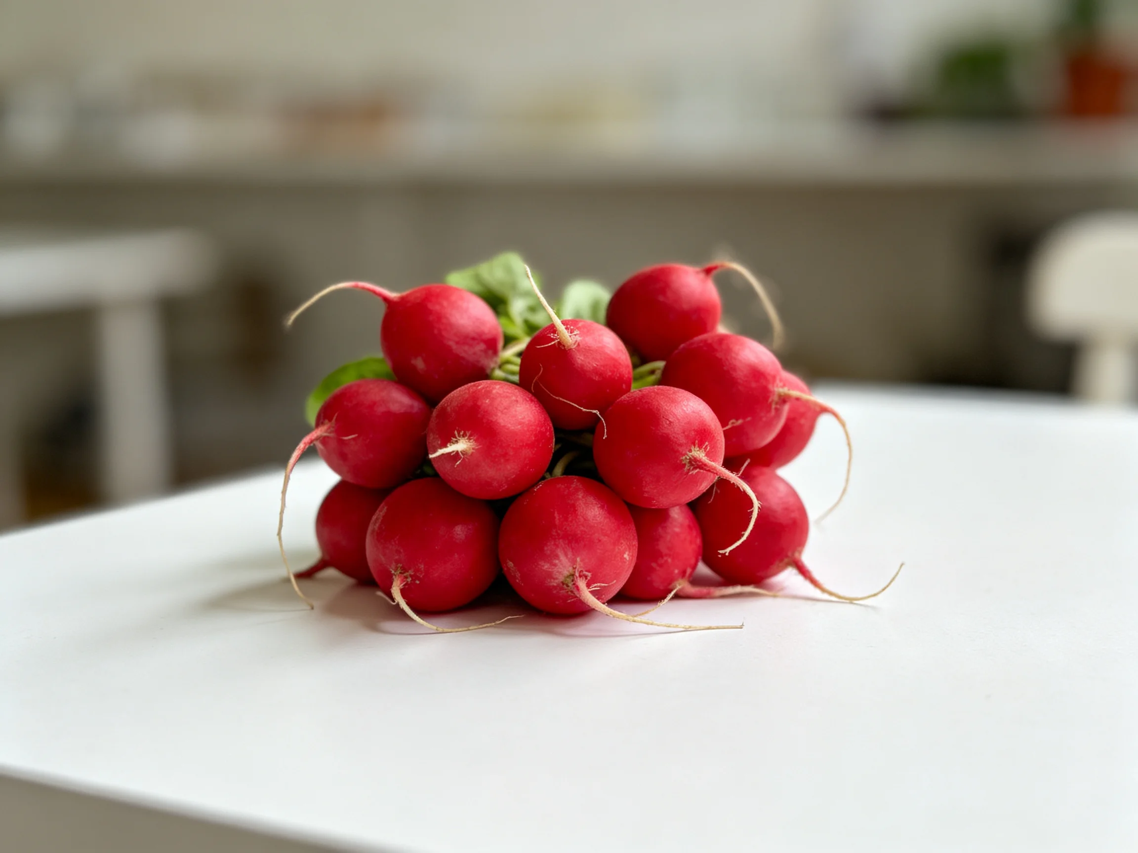 A cluster of vibrant red radishes arranged on a white table