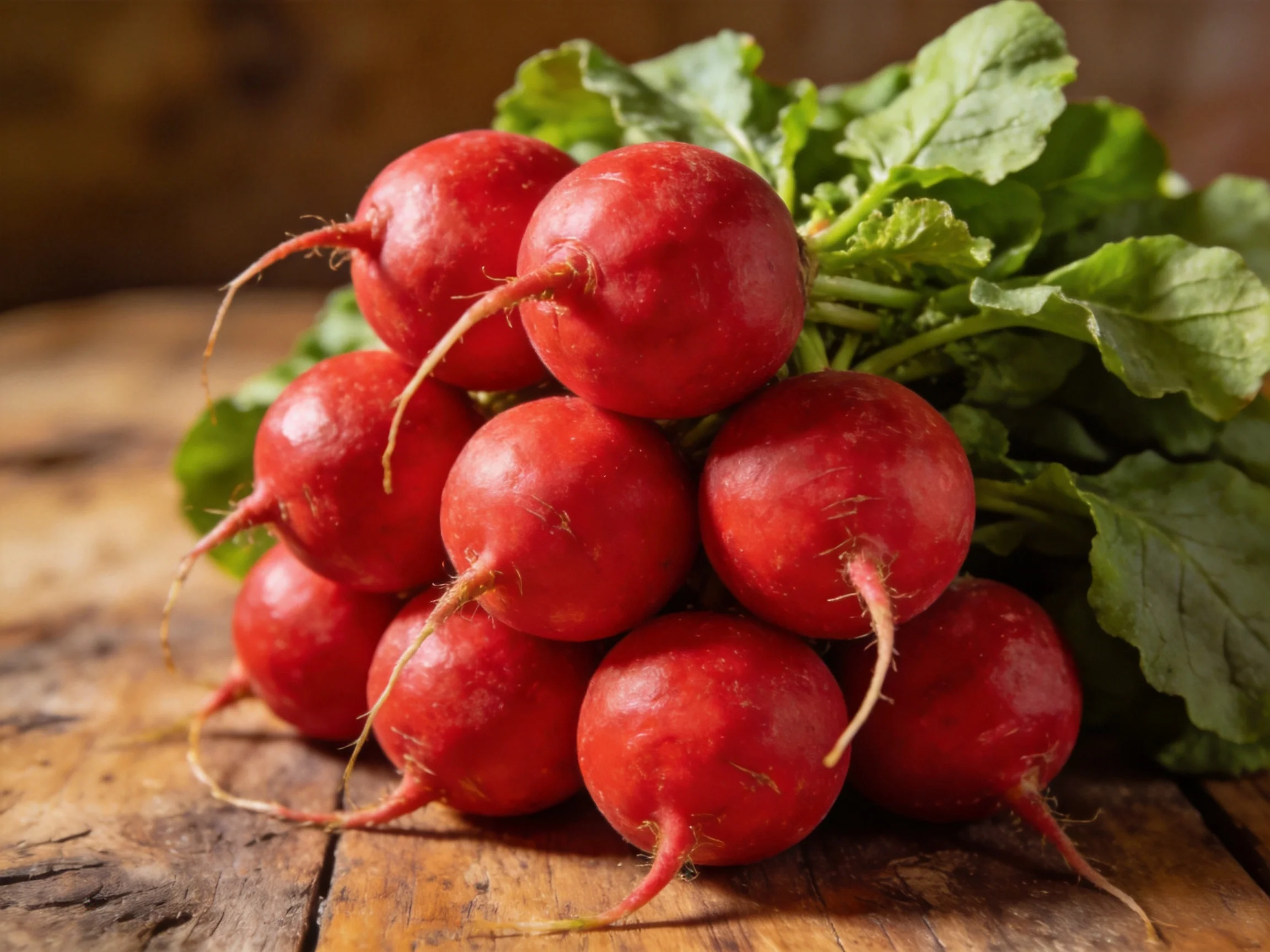 A cluster of vibrant red radishes with fresh green leaves on a rustic wooden table