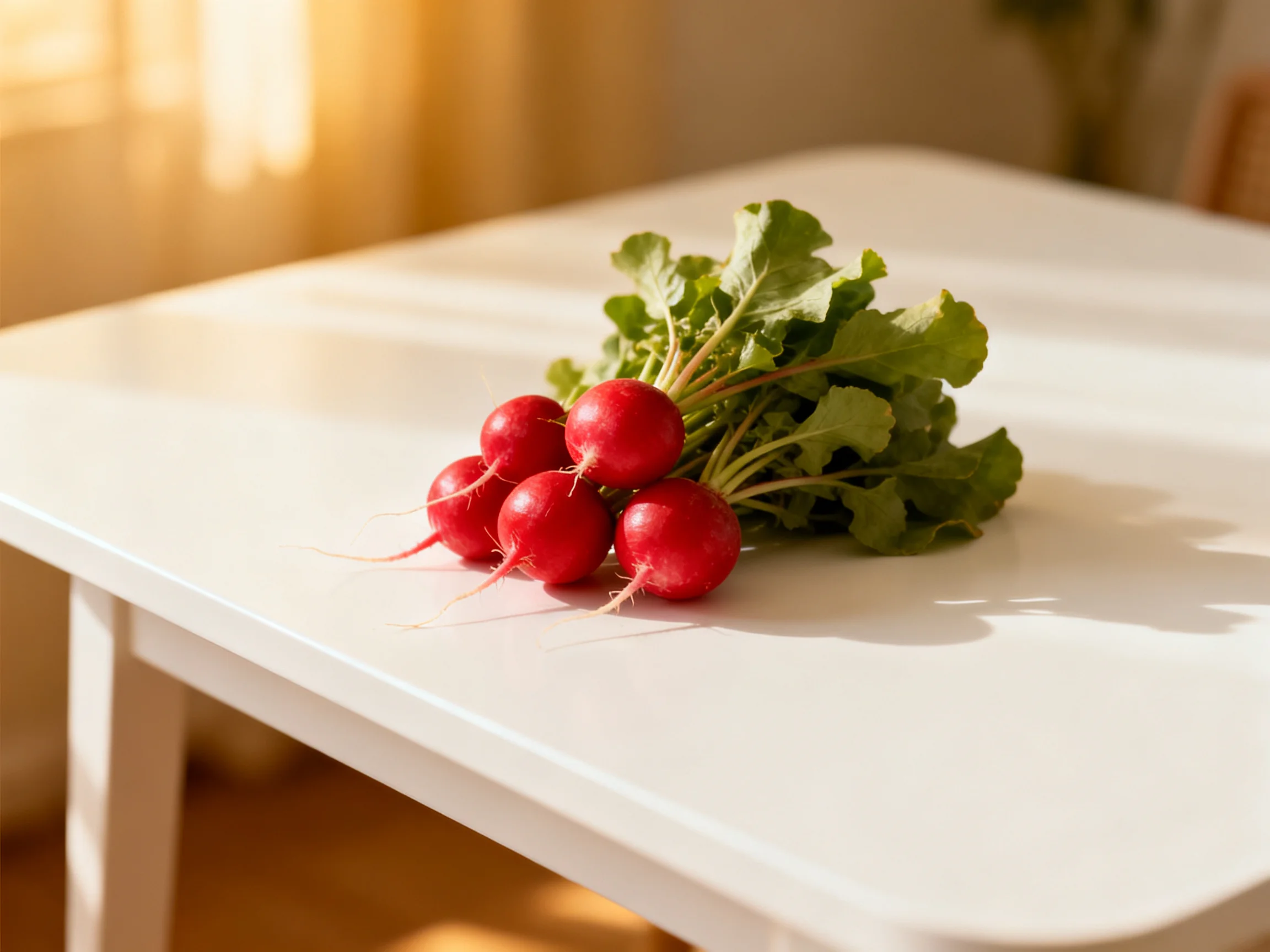 A cluster of vibrant red radishes with green foliage sits atop a white table