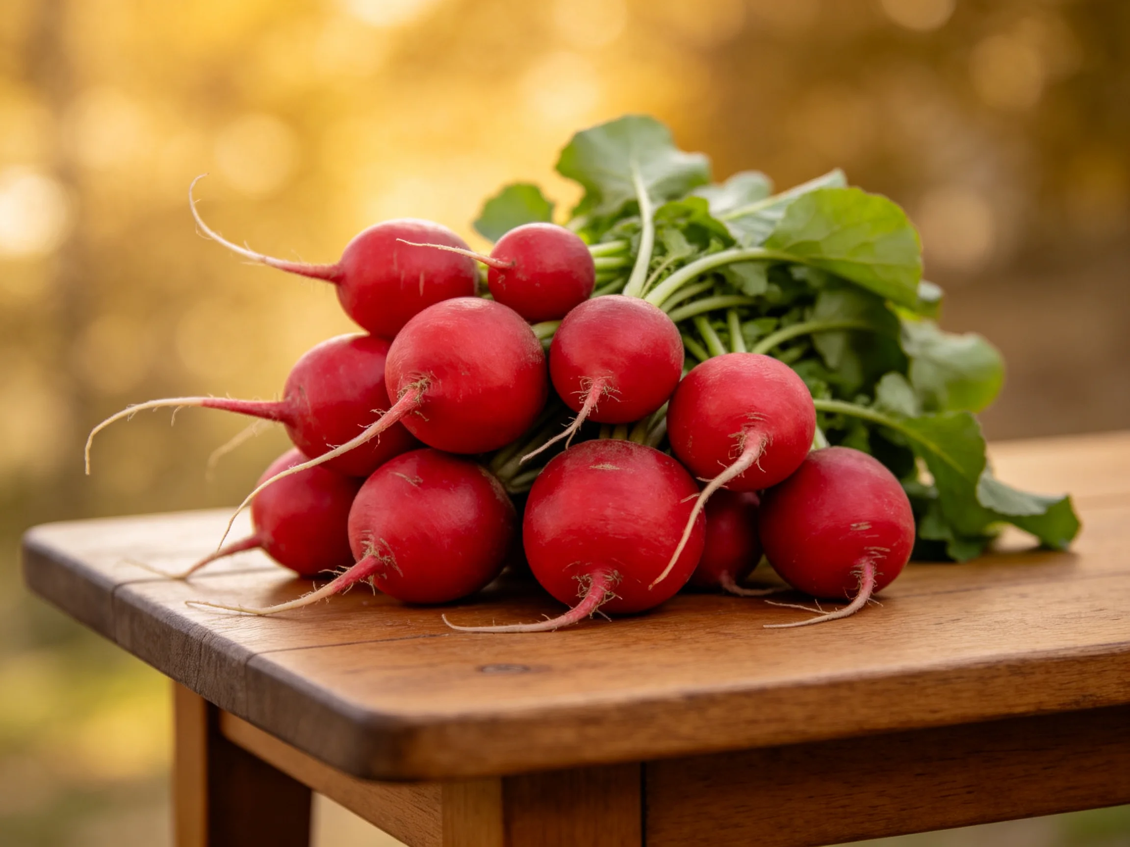 A cluster of vibrant red radishes with green leaves on a wooden table