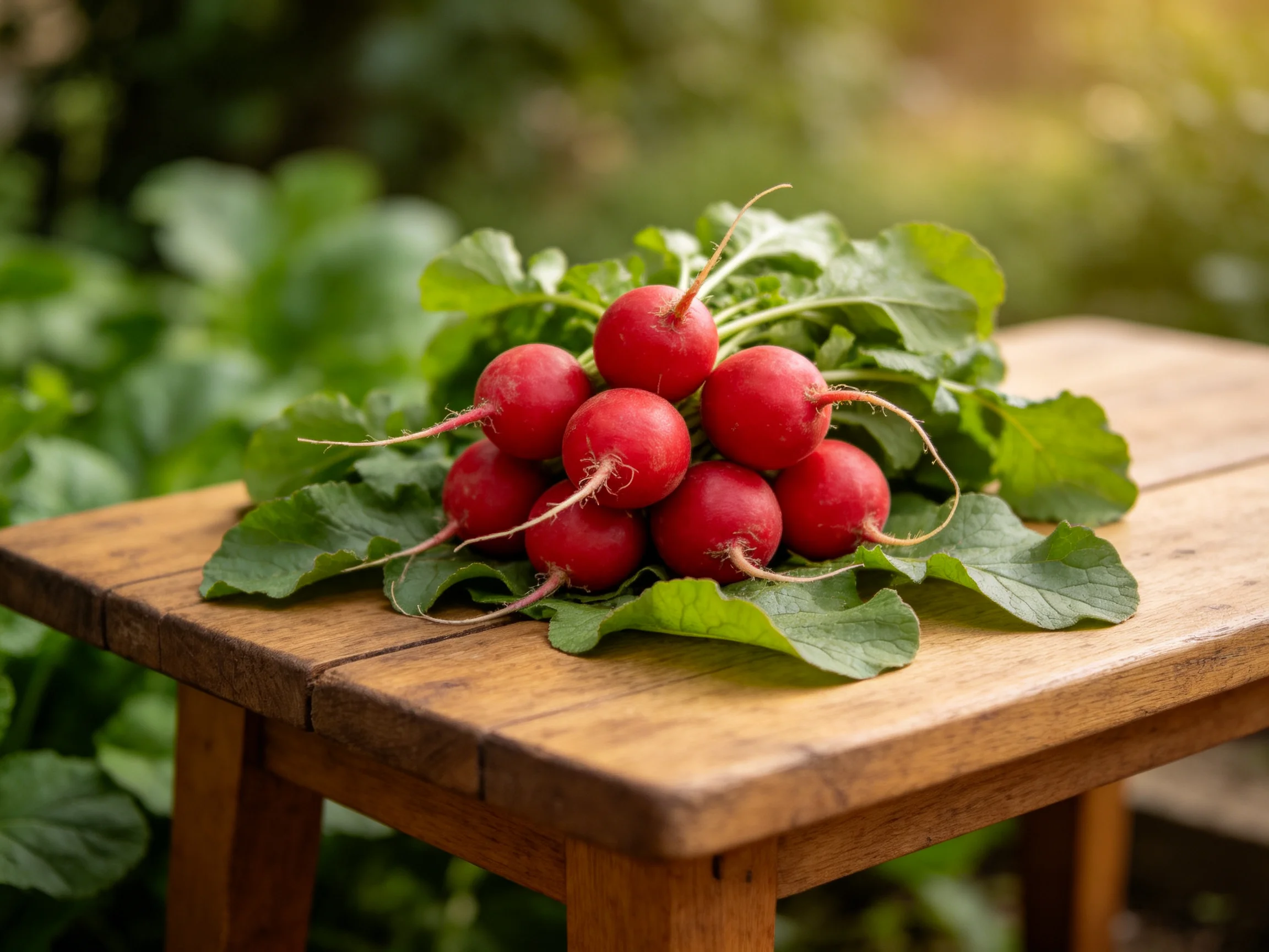 A cluster of vibrant red radishes with green leaves on a wooden table