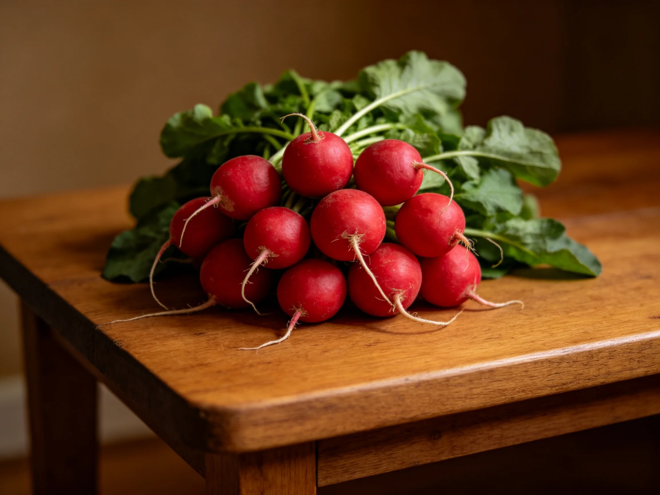 A cluster of vibrant red radishes with green leaves on a wooden table