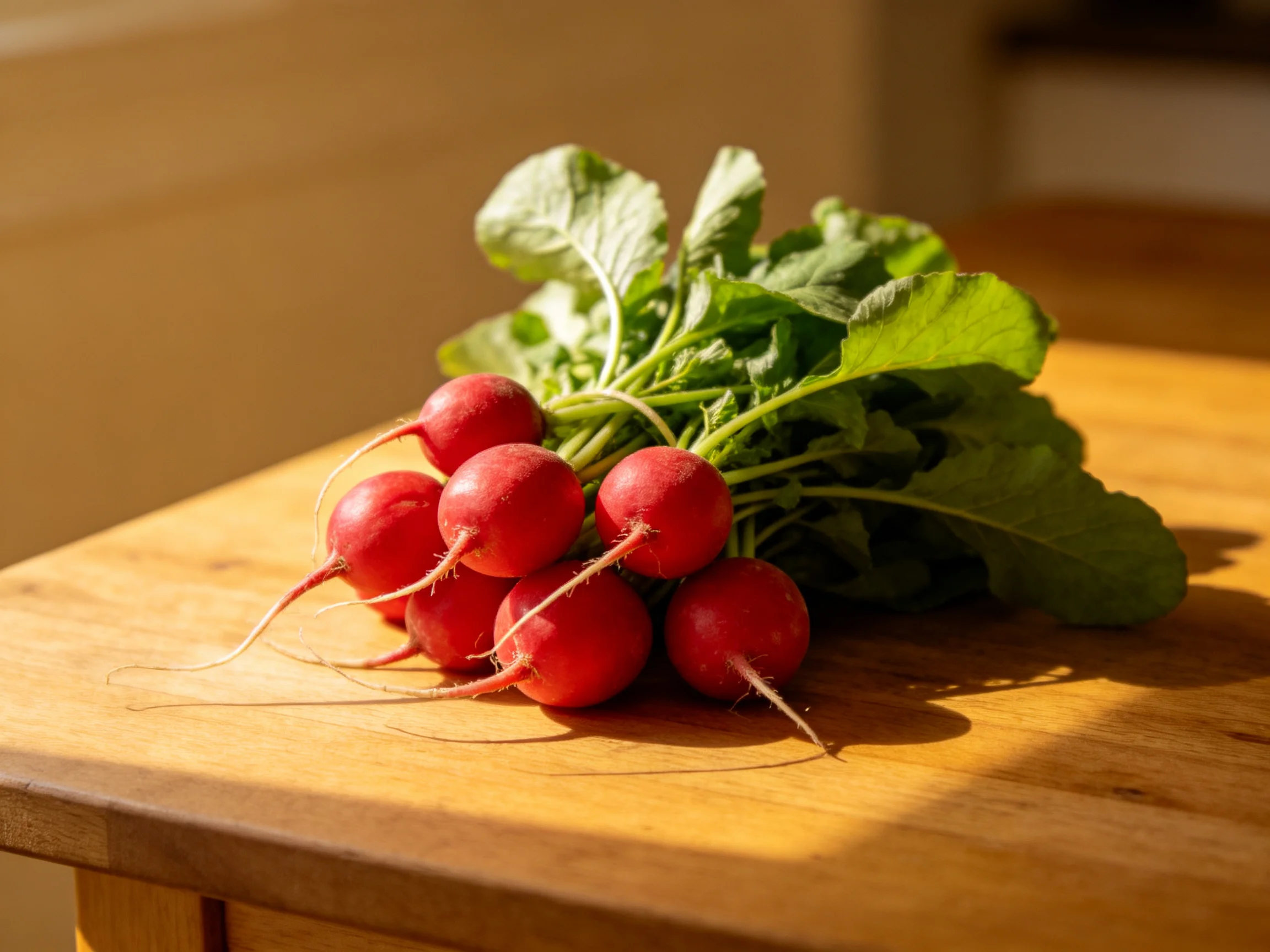 A cluster of vibrant red radishes with green leaves on a wooden table