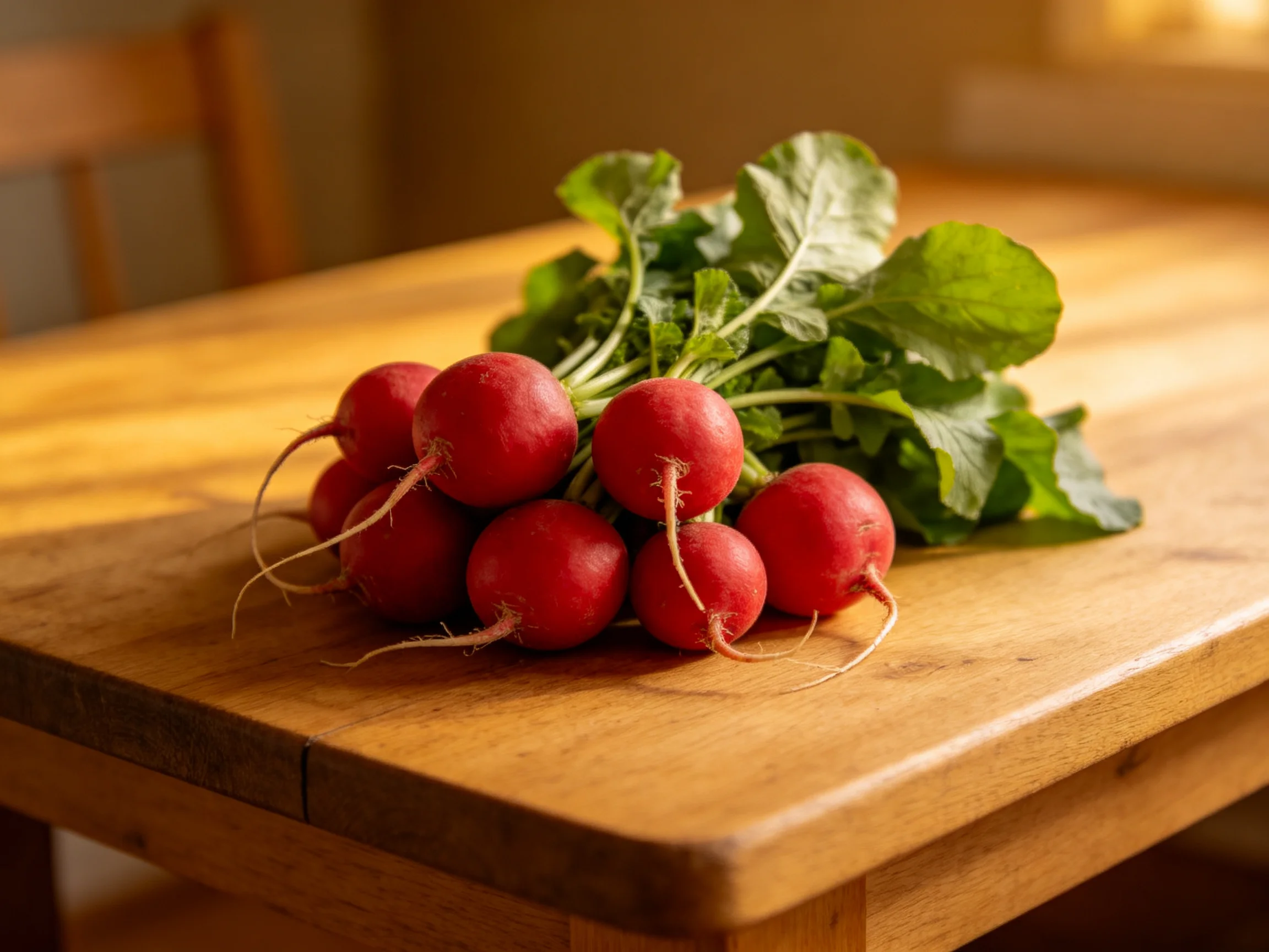 Vibrant red radishes with green leaves rest on a polished wooden table.