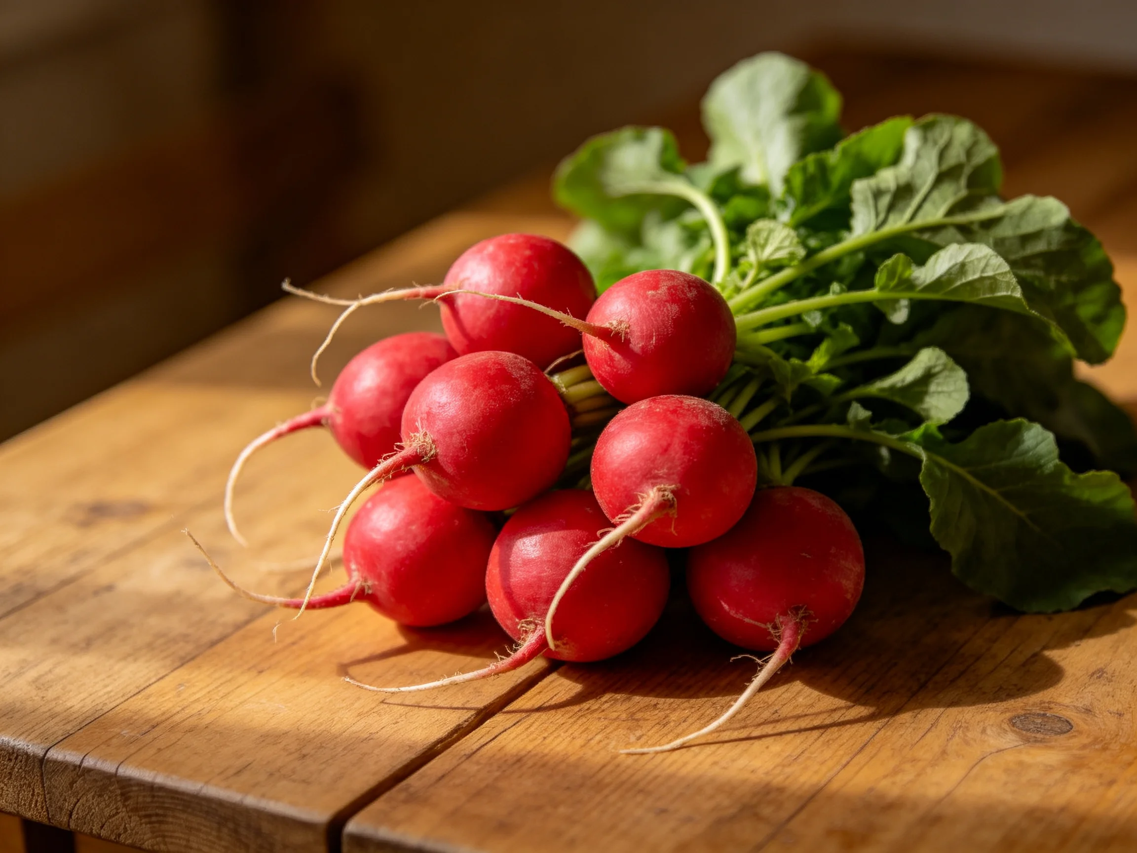 A cluster of vibrant red radishes with green leaves rests on a wooden table