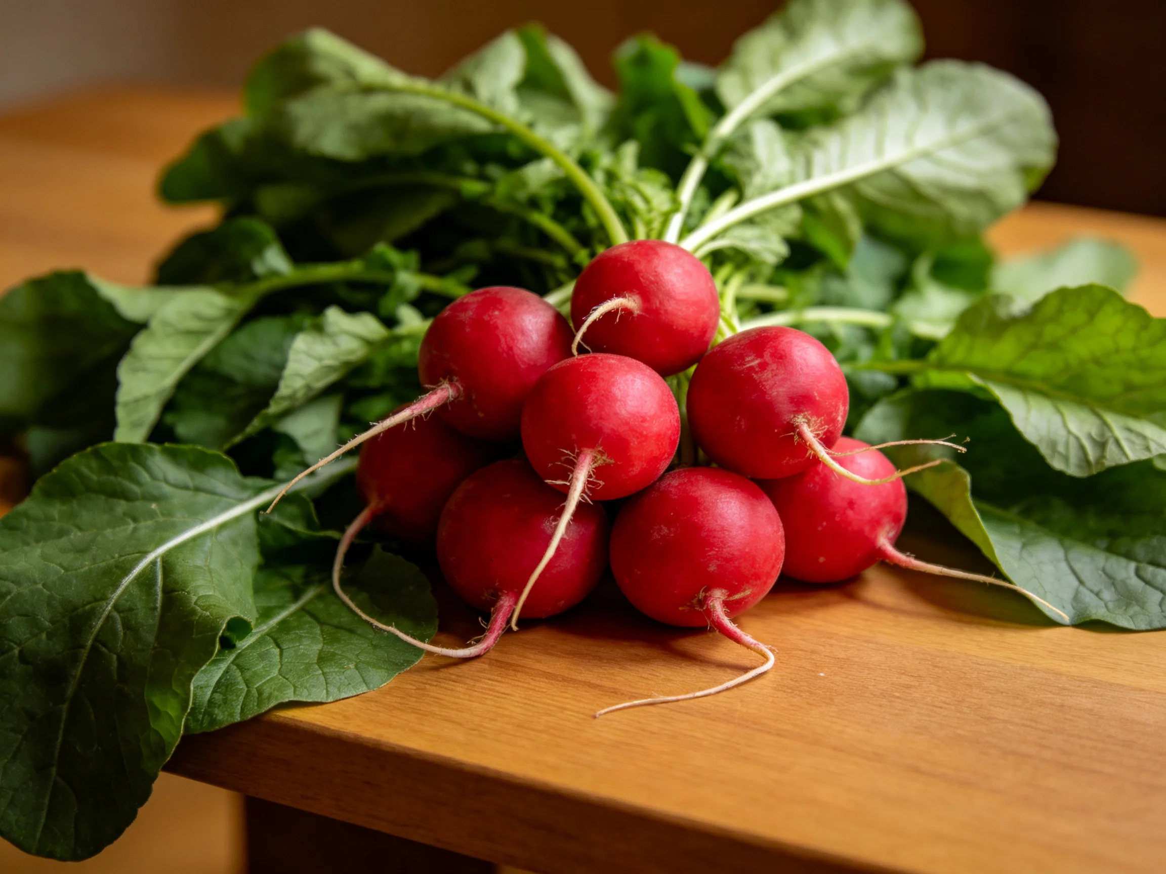 A cluster of vibrant red radishes with lush green leaves on a wooden table