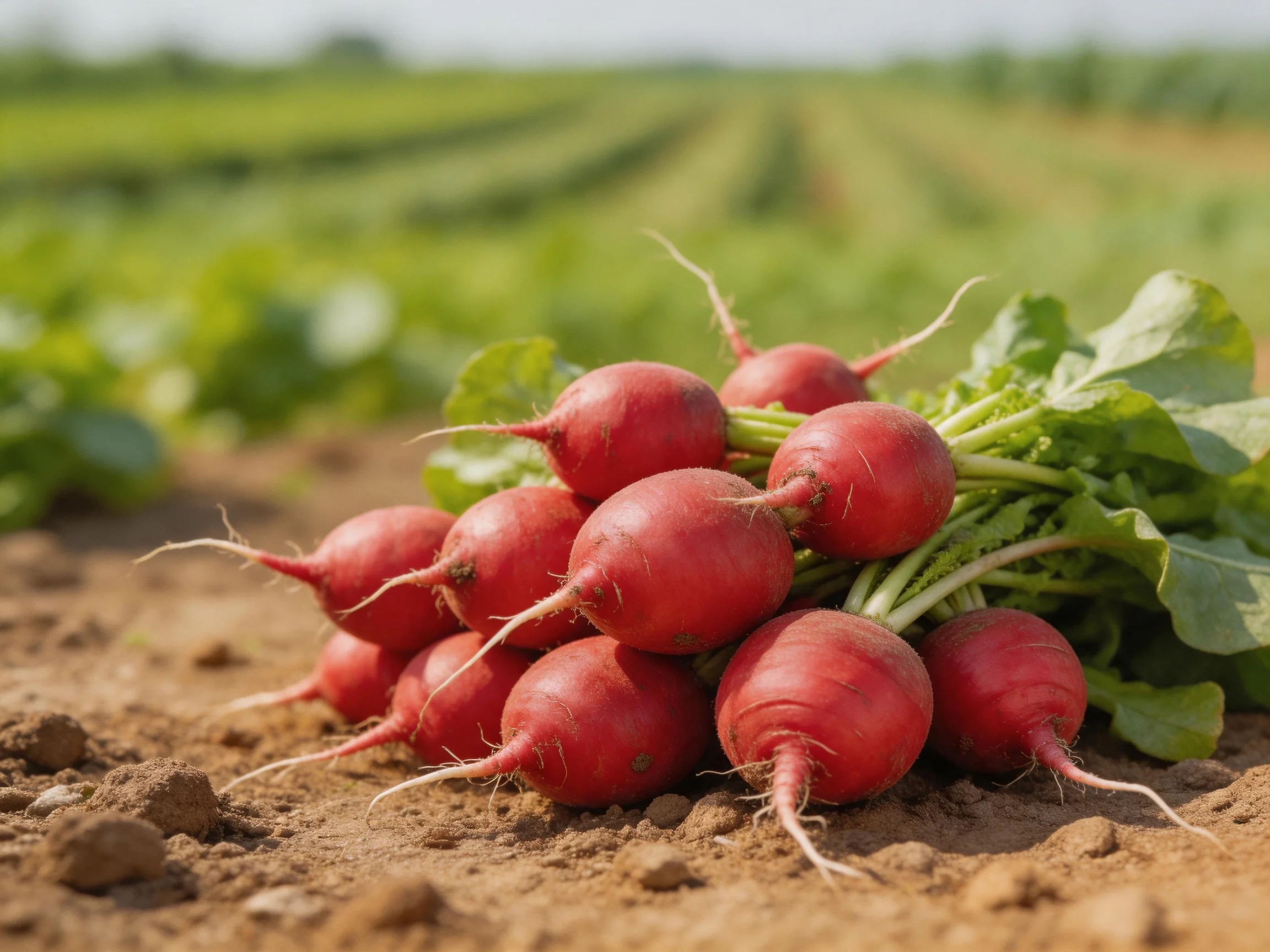 A cluster of vivid red radishes with green leaves rests on farm soil