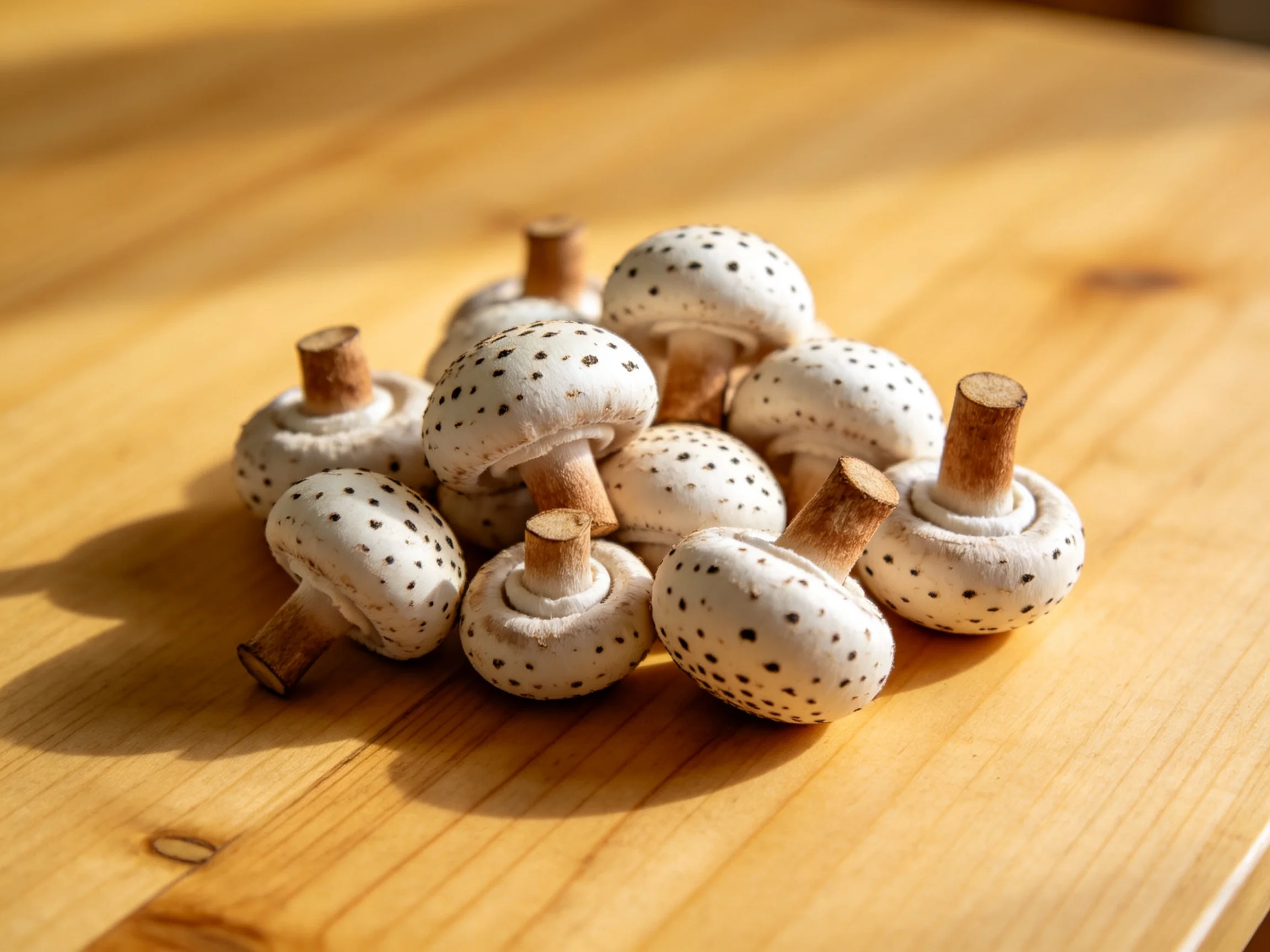 A cluster of white - spotted mushrooms arranged on a smooth wooden board