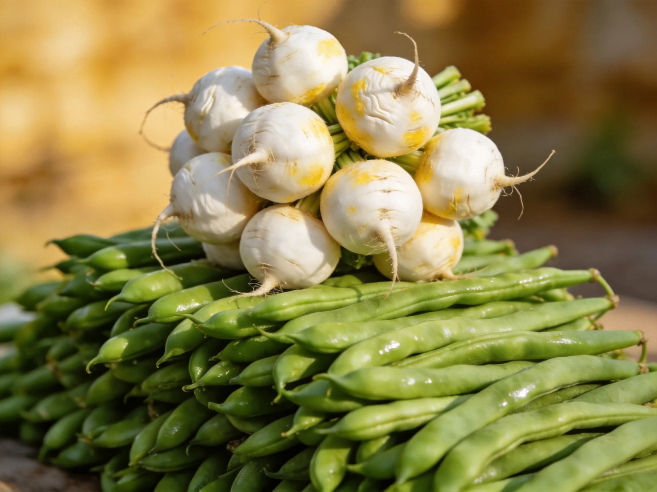 A cluster of white turnips atop a large pile of fresh green beans