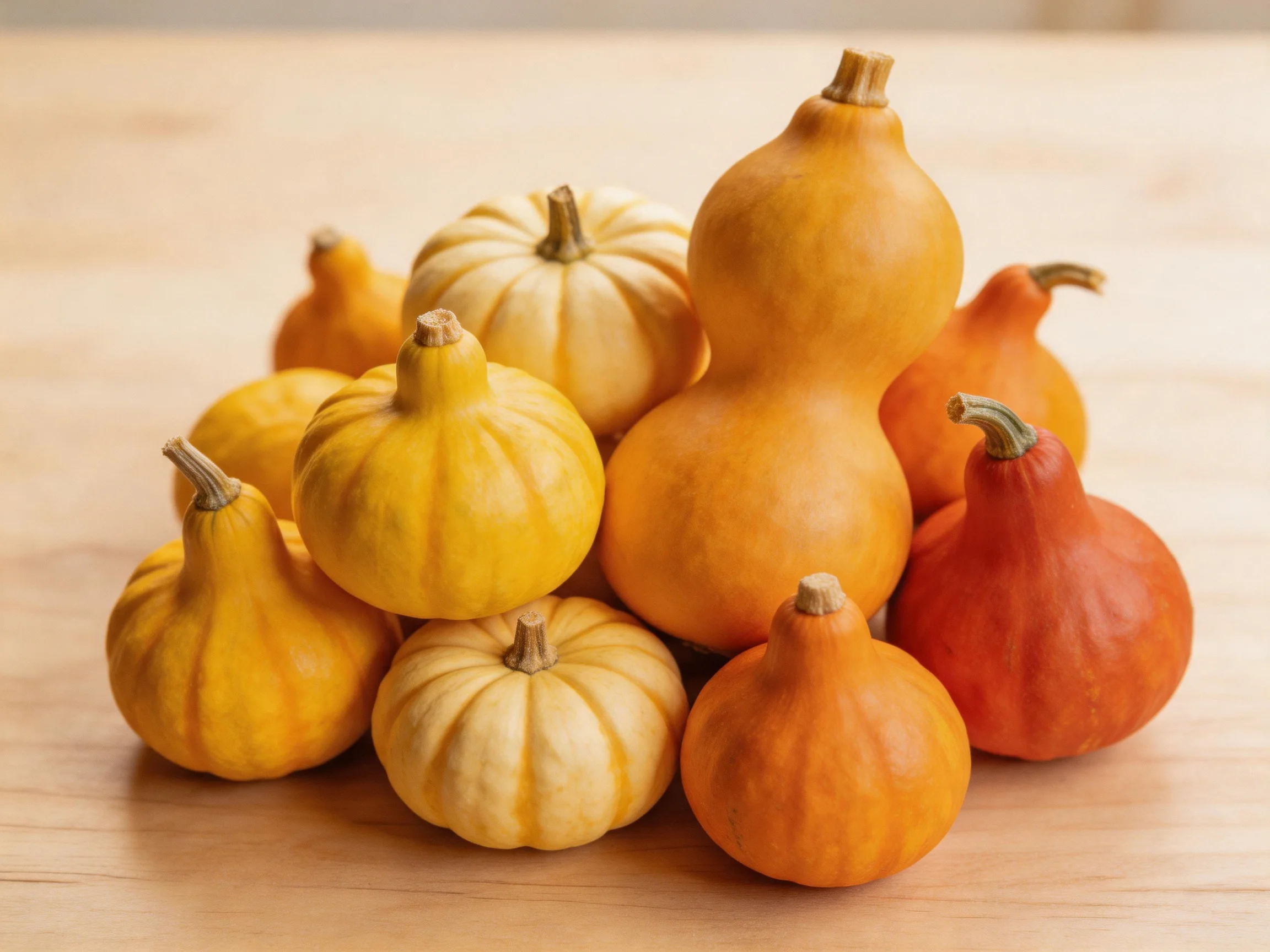 A collection of colorful gourds and mini pumpkins in varied shapes and hues