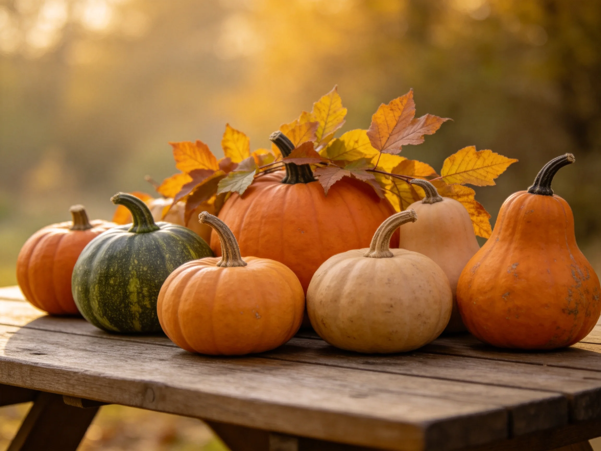 A collection of colorful pumpkins and autumn leaves on a rustic wooden table