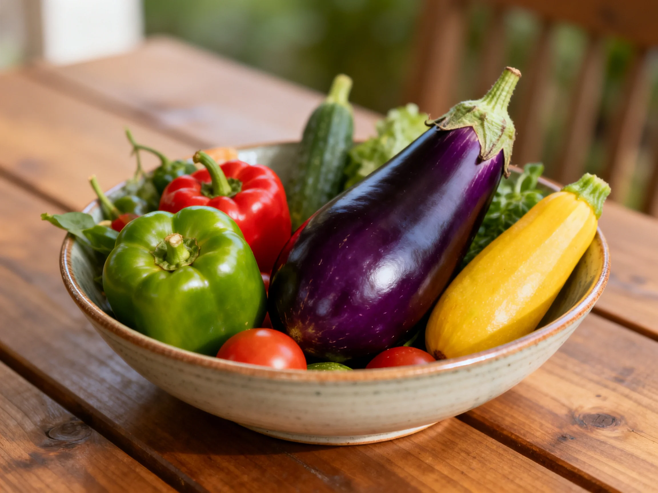 A colorful assortment of fresh vegetables arranged in a ceramic bowl