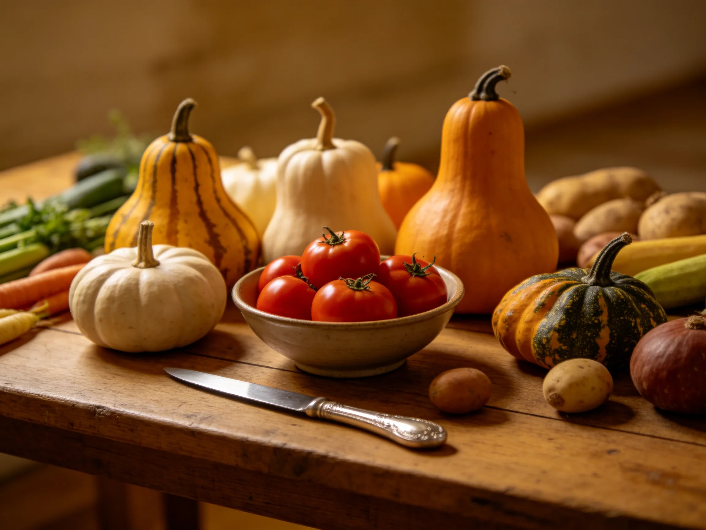 A colorful assortment of squashes, tomatoes, and root vegetables arranged on a rustic wooden table