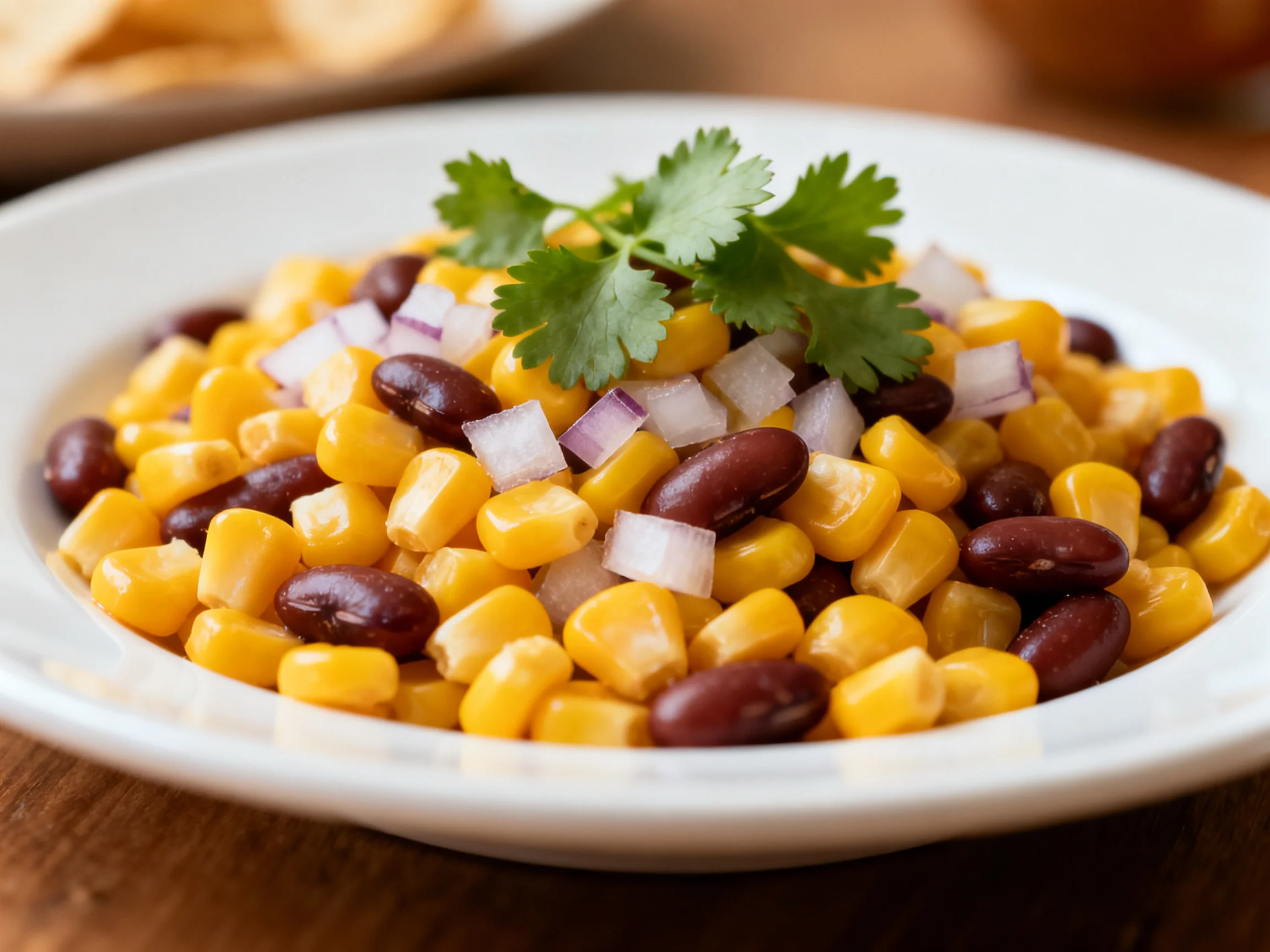 A colorful corn bean salad with red kidney beans, diced onions, and cilantro