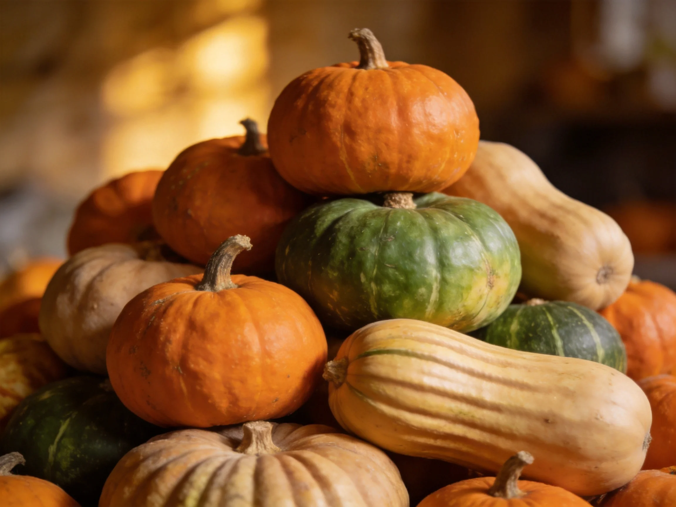 A colorful pyramid of assorted squashes and small pumpkins