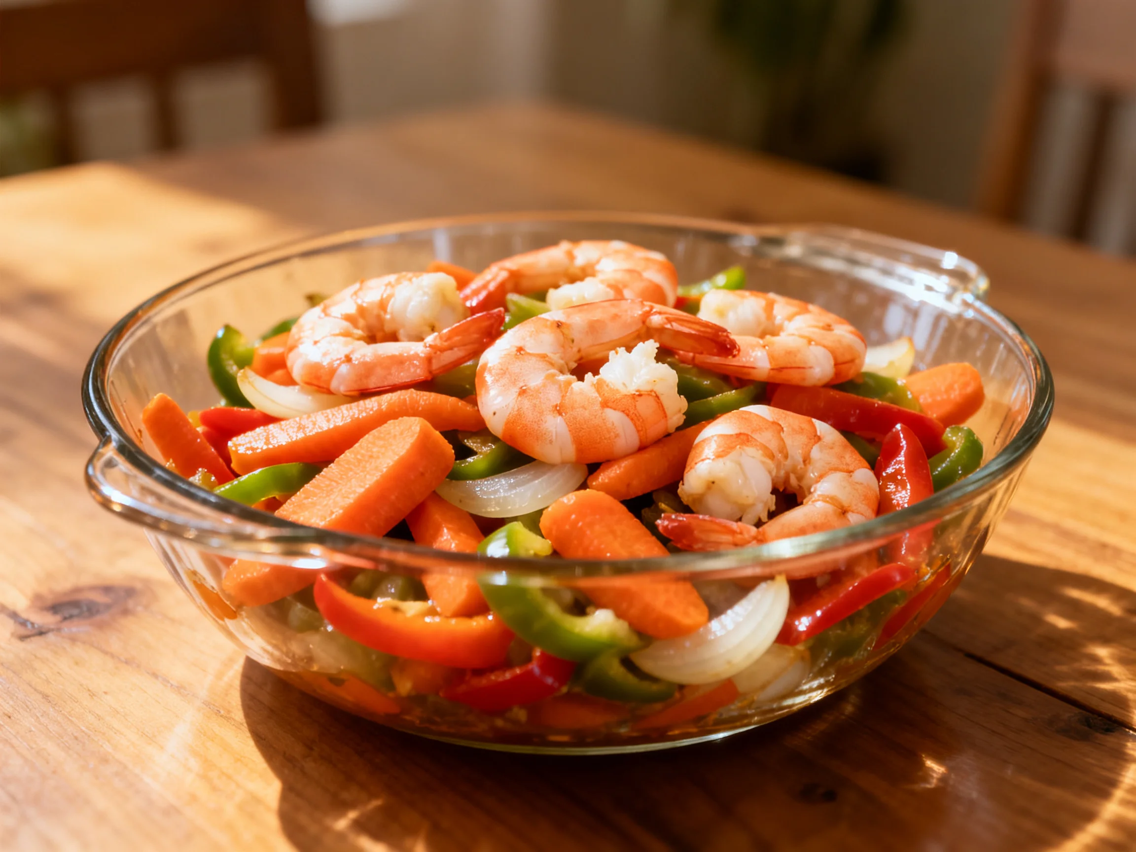 A colorful shrimp stir-fry with bell peppers, carrots, and onions in a glass bowl