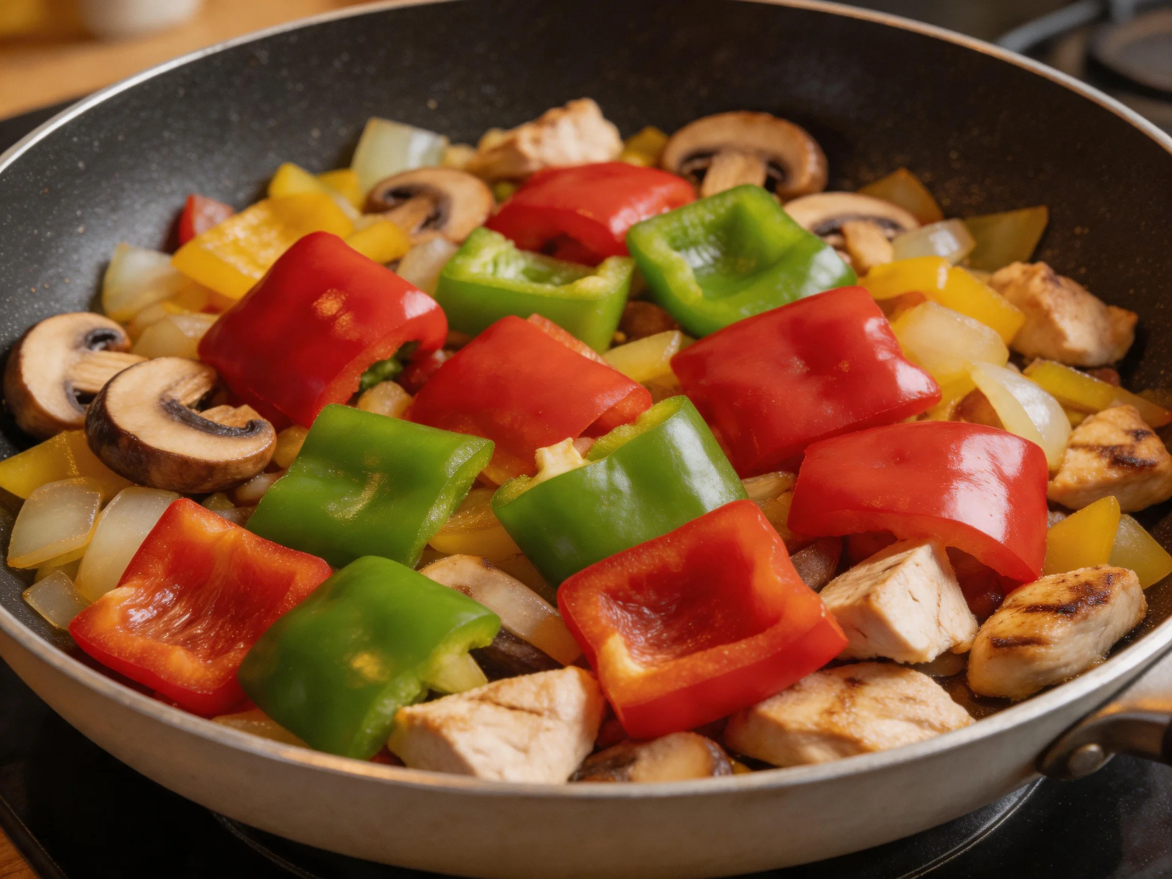 A colorful stir-fry with red, green, yellow peppers, mushrooms, and grilled chicken