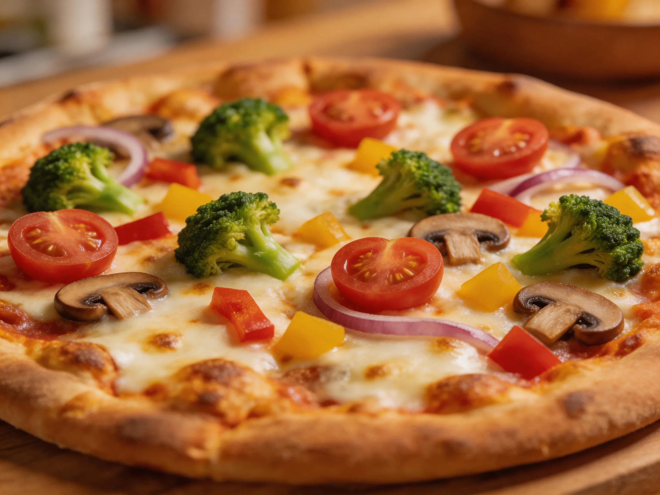 A colorful vegetable pizza with five broccoli florets, six tomato slices, and mixed bell peppers