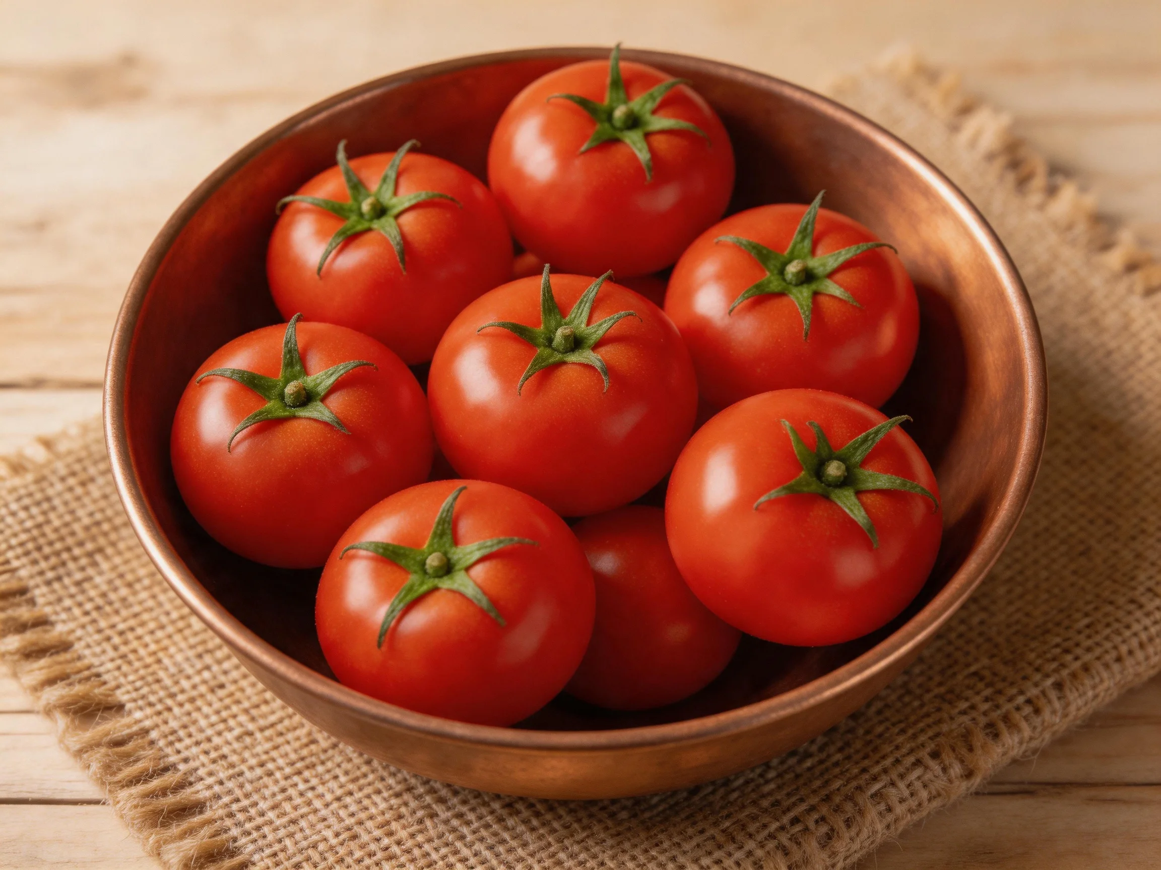 A copper bowl brimming with glossy red tomatoes rests on a burlap mat.
