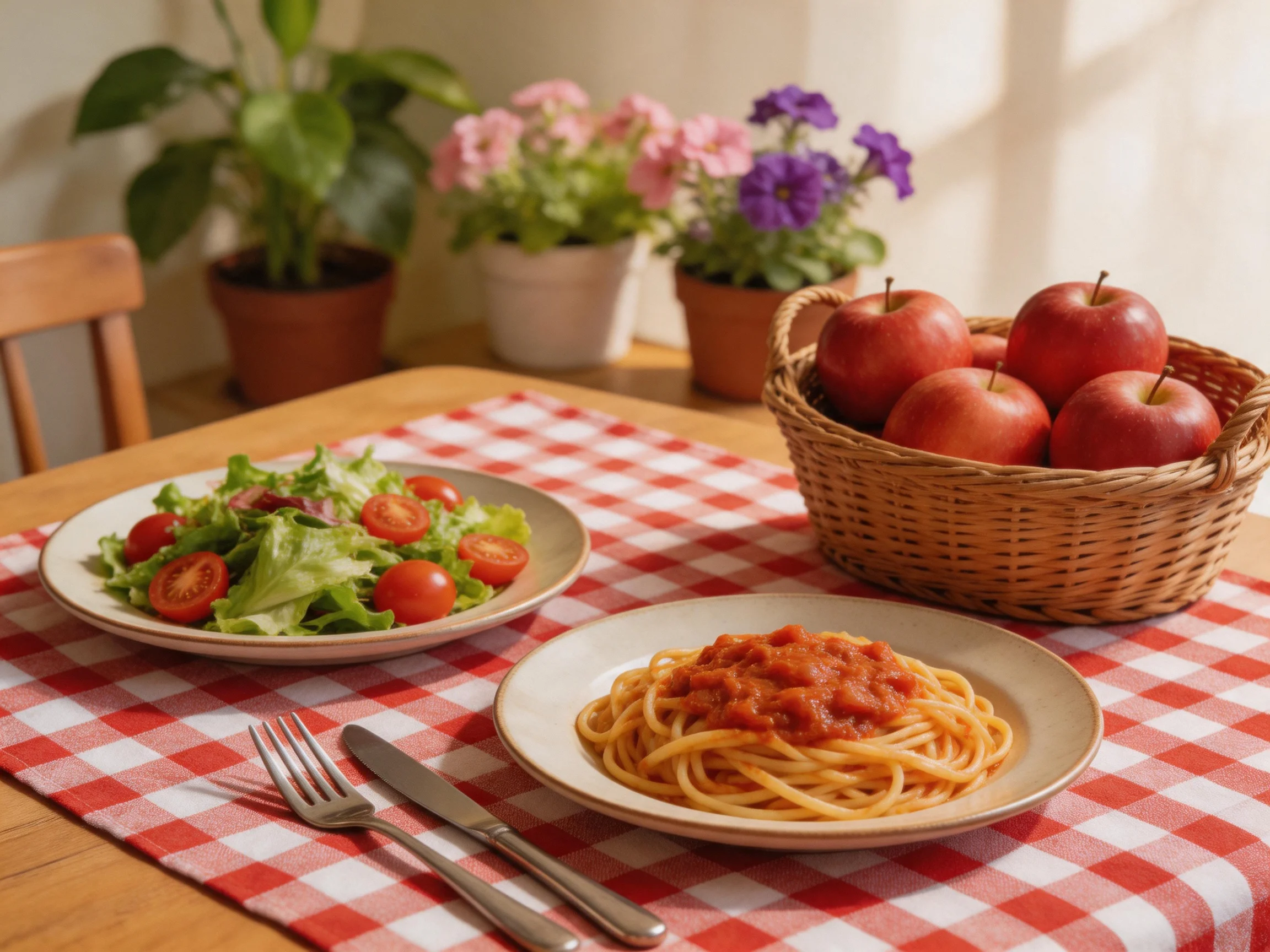 A cozy dining setup with spaghetti, salad, apples, and potted flowers