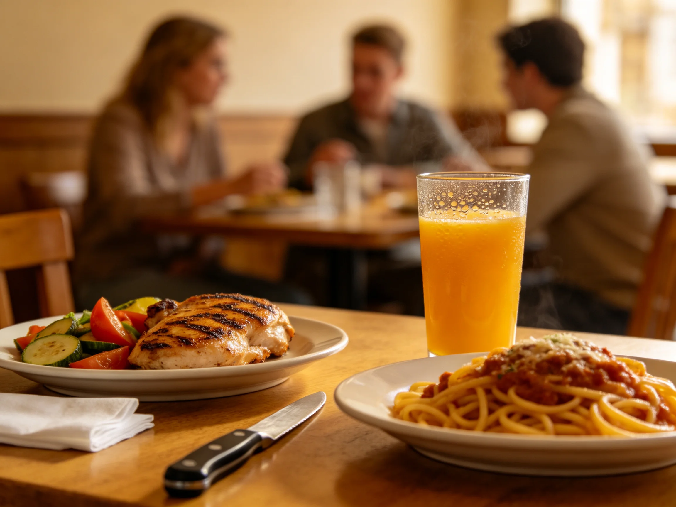 A cozy restaurant table with grilled chicken, spaghetti, and orange juice beside seated patrons
