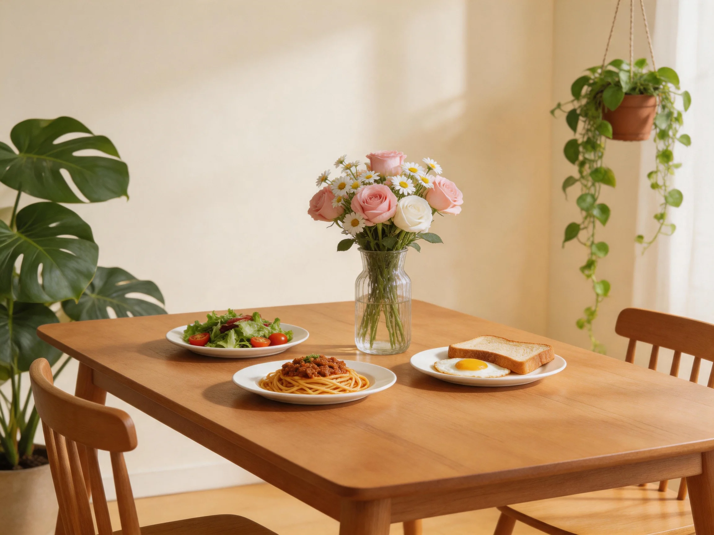 A cozy wooden table with three plates of food and a flower arrangement