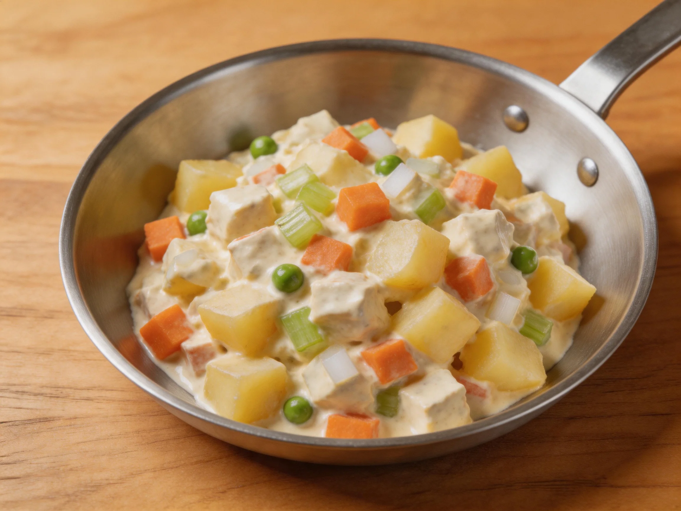 A creamy mixed vegetable and protein skillet with diced potatoes, carrots, peas