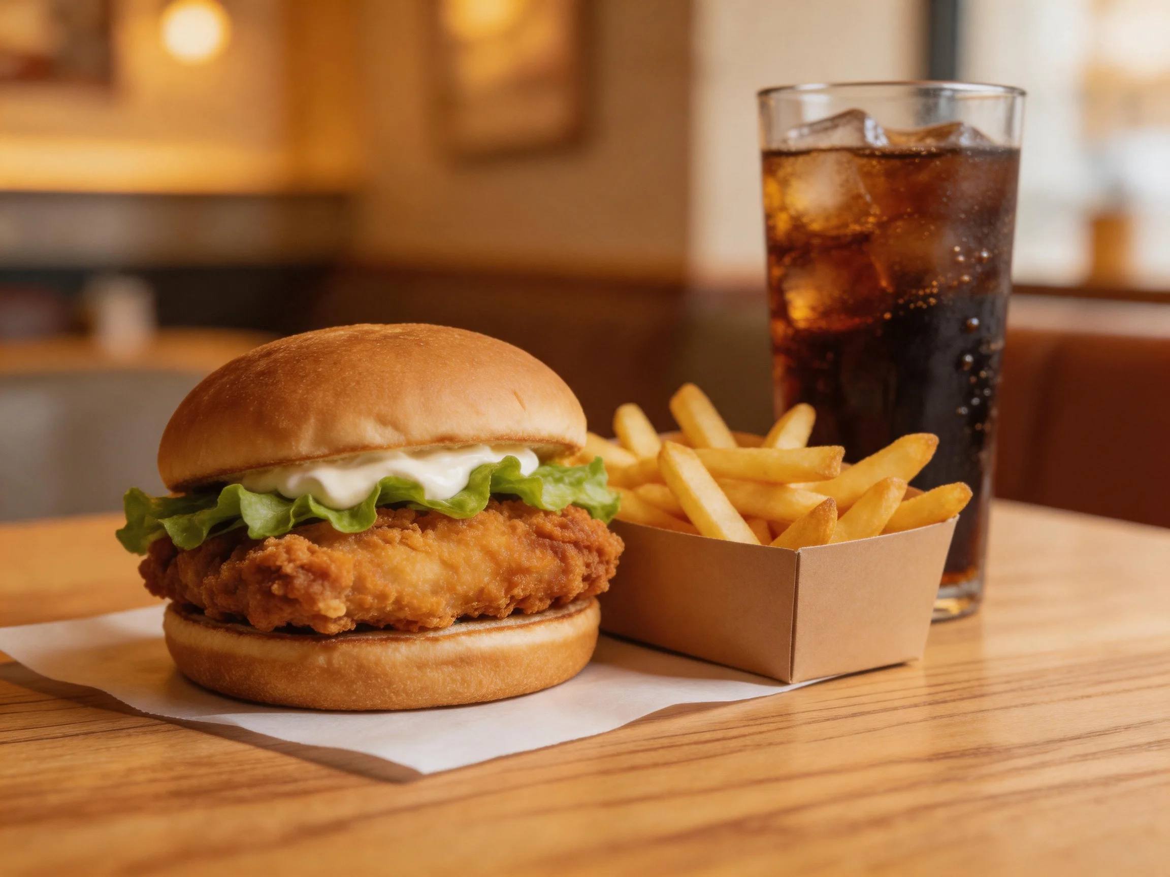 A crispy fried chicken burger, golden fries, and iced cola on a wooden table