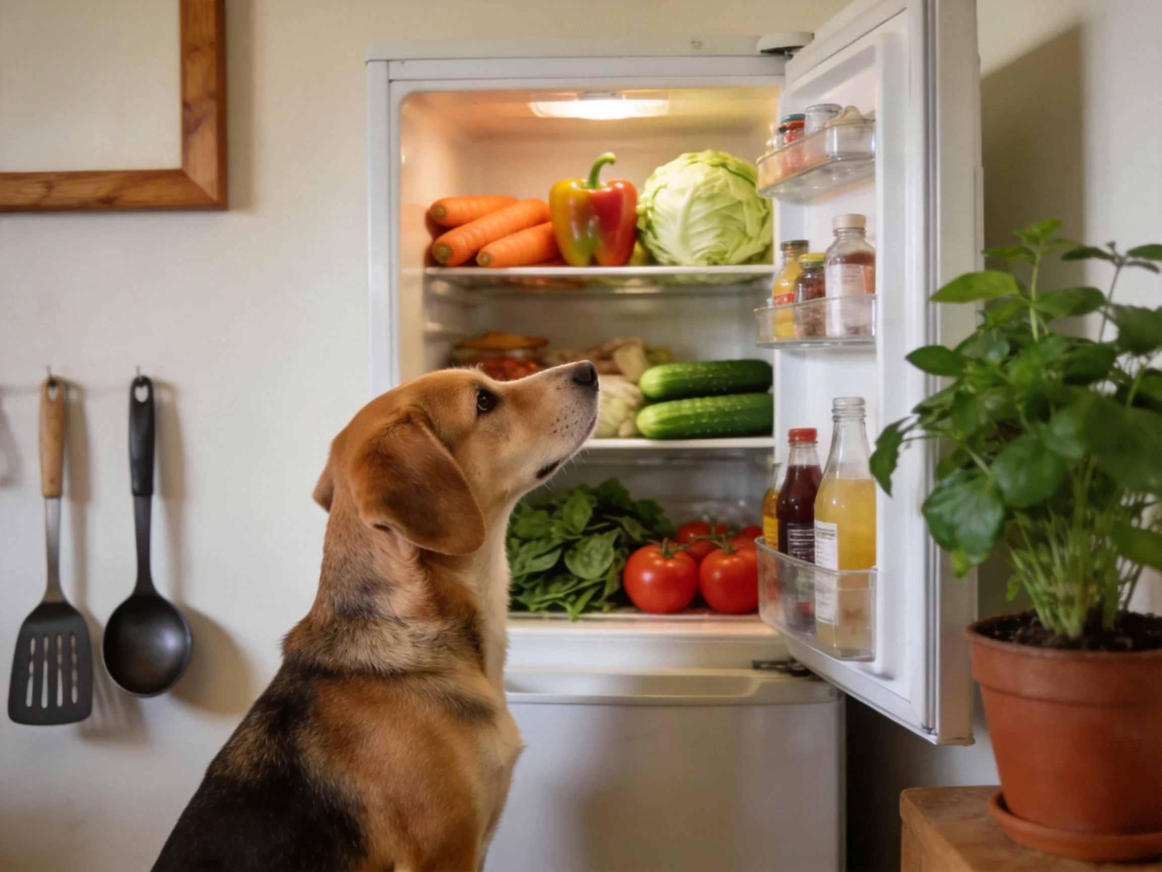 A curious dog gazes into an open refrigerator with fresh vegetables