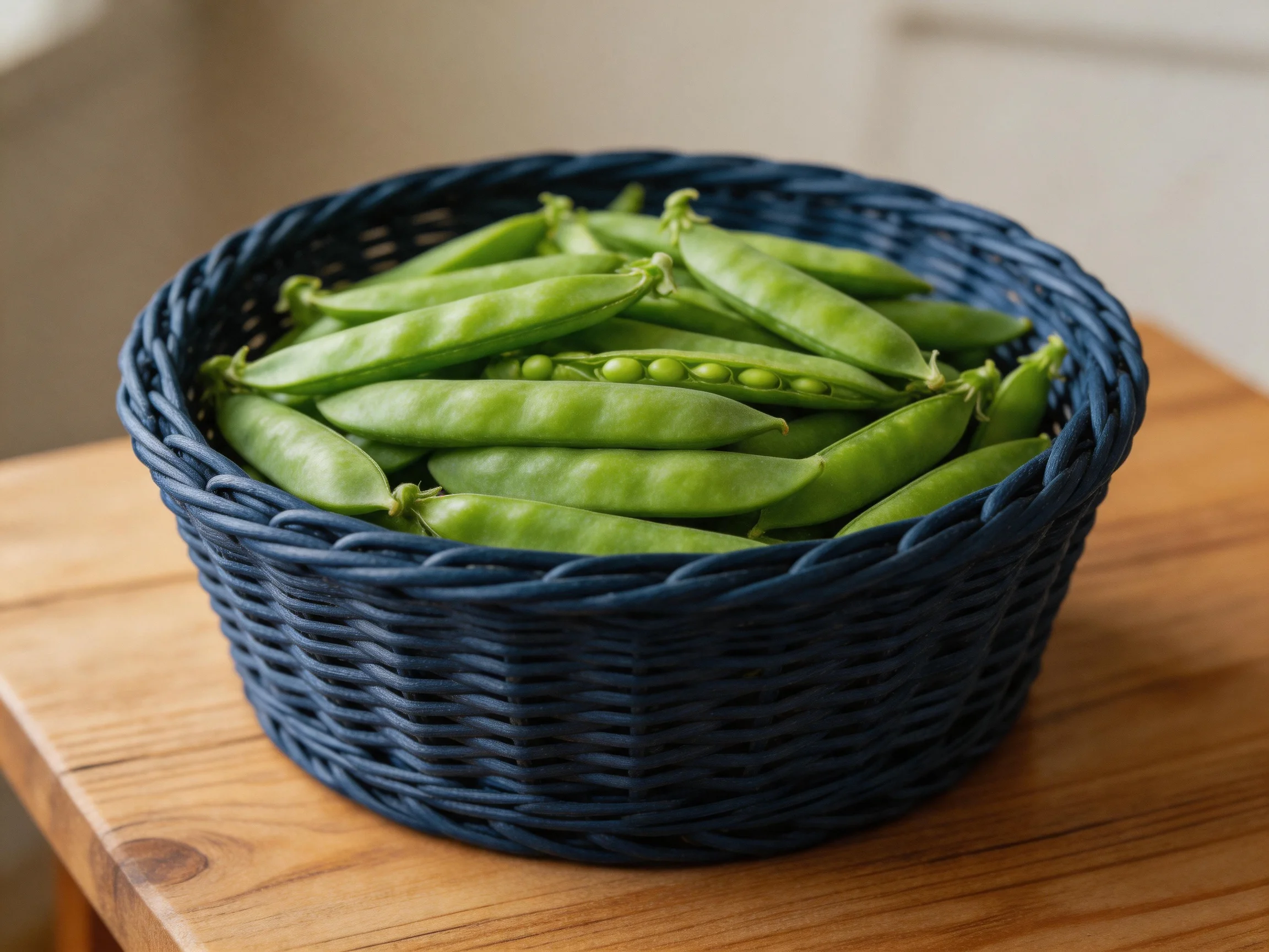 A dark blue woven basket brimming with fresh green pea pods