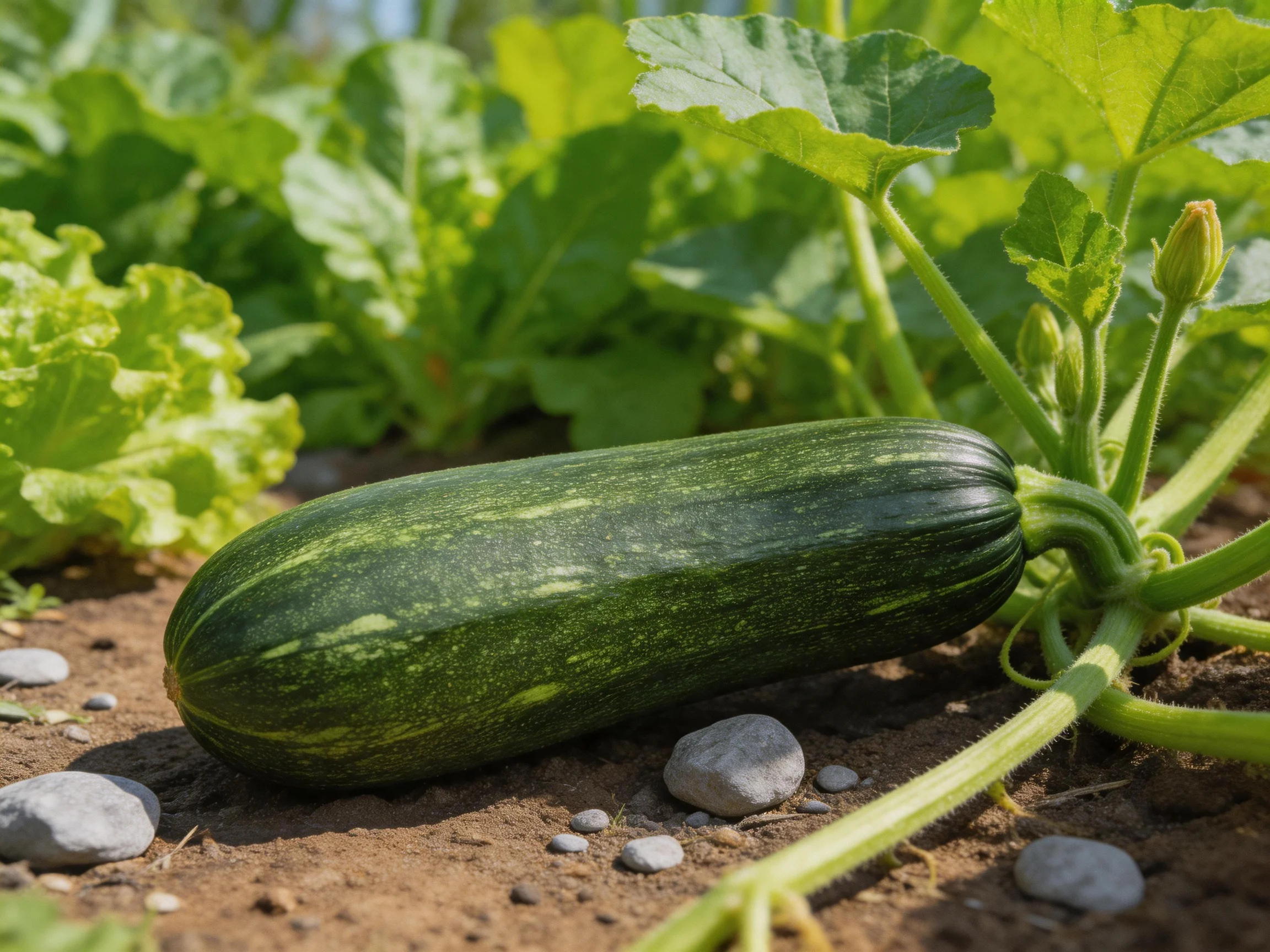 A dark green zucchini lies among leafy vegetables and stones in a sunlit garden