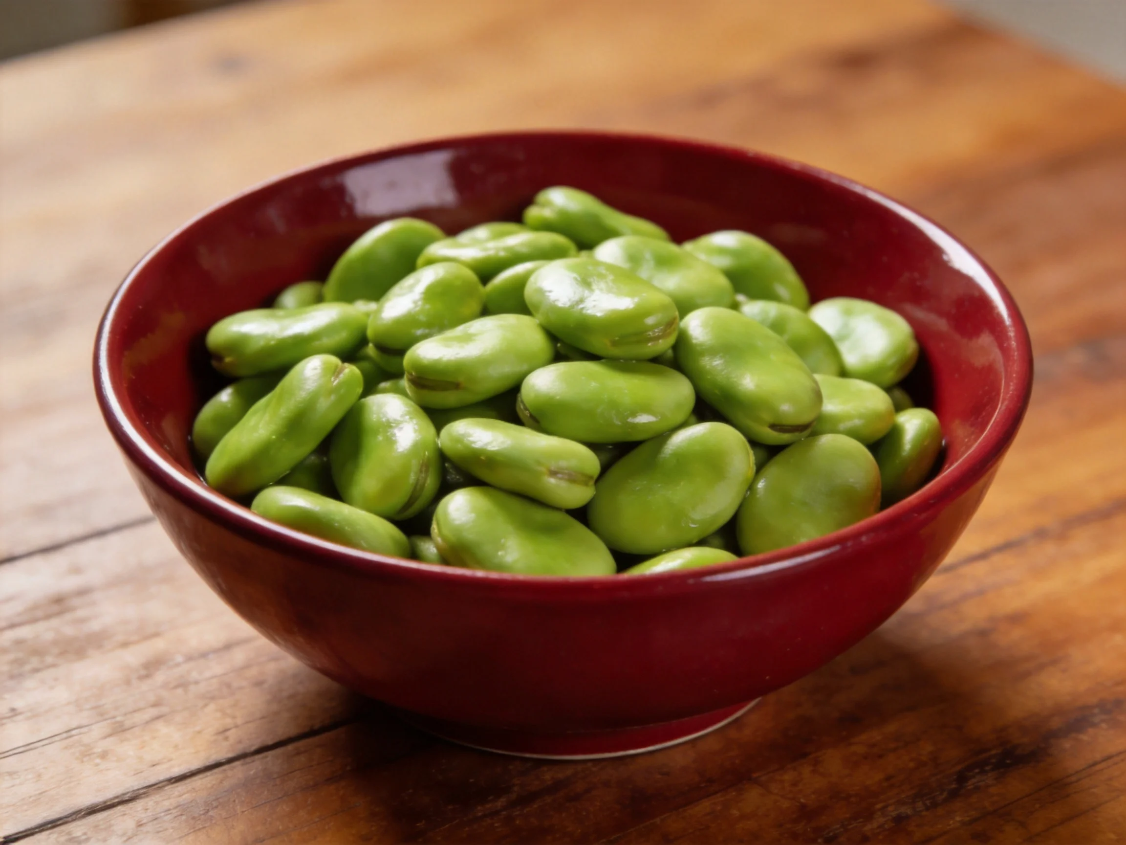 A deep red bowl filled with fresh green broad beans on a wooden table