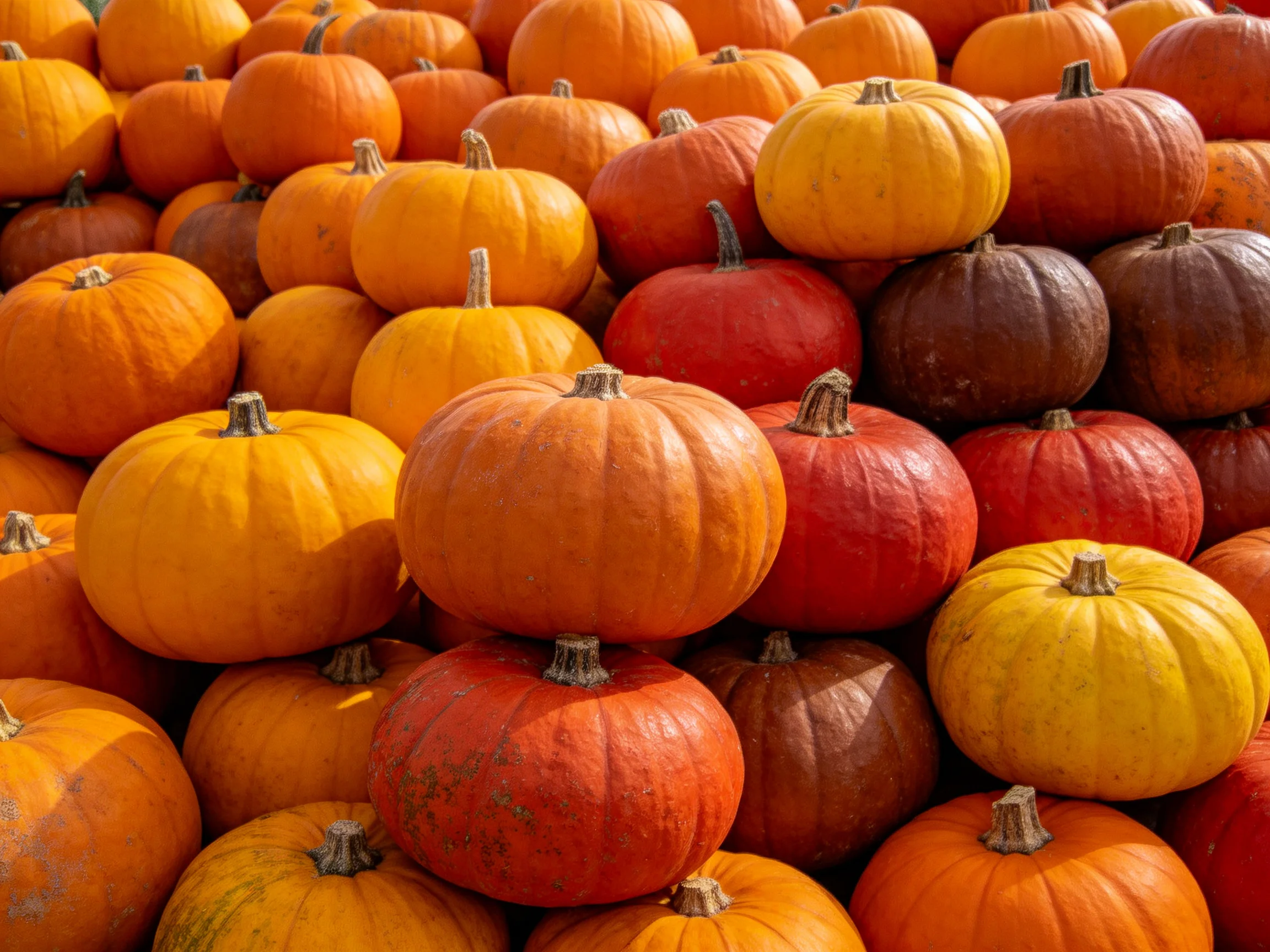 A dense arrangement of multicolored pumpkins in autumn hues