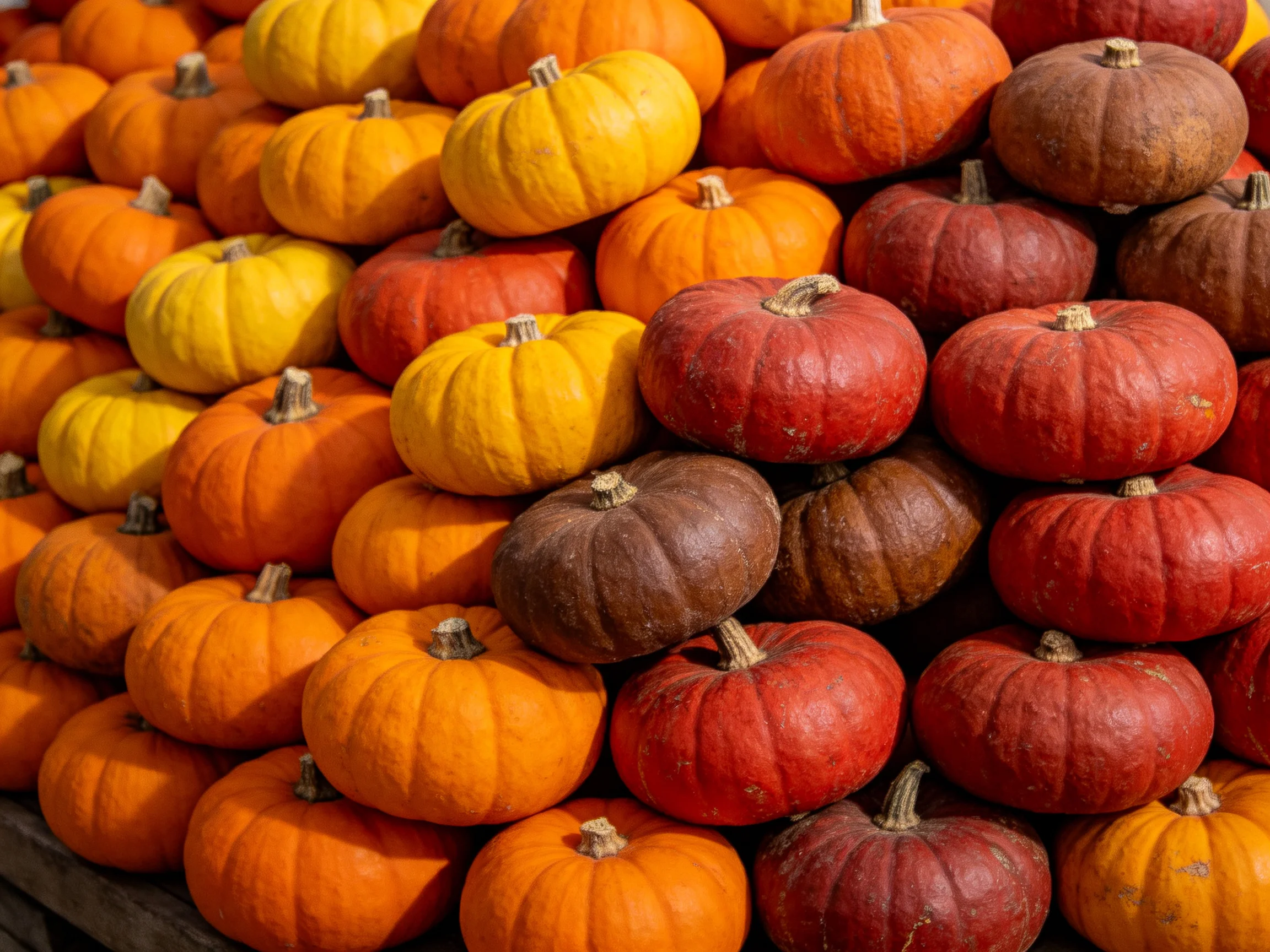 A dense arrangement of small pumpkins in diverse colors stacked together