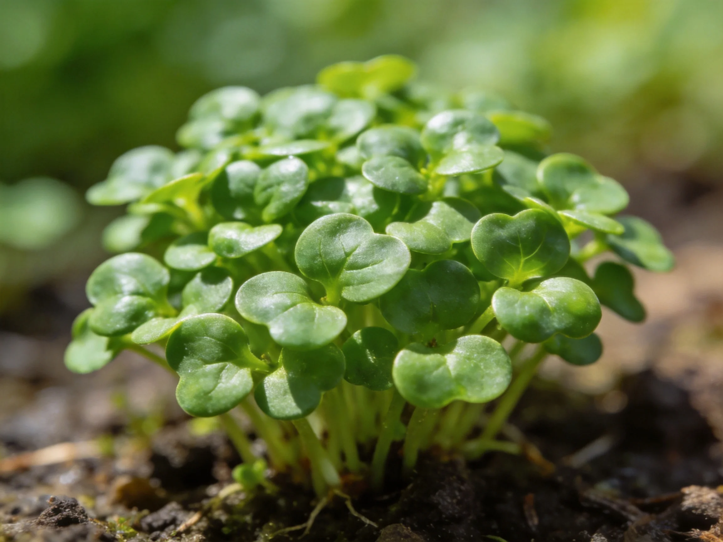 A dense cluster of small round-leaved green plants growing from dark soil