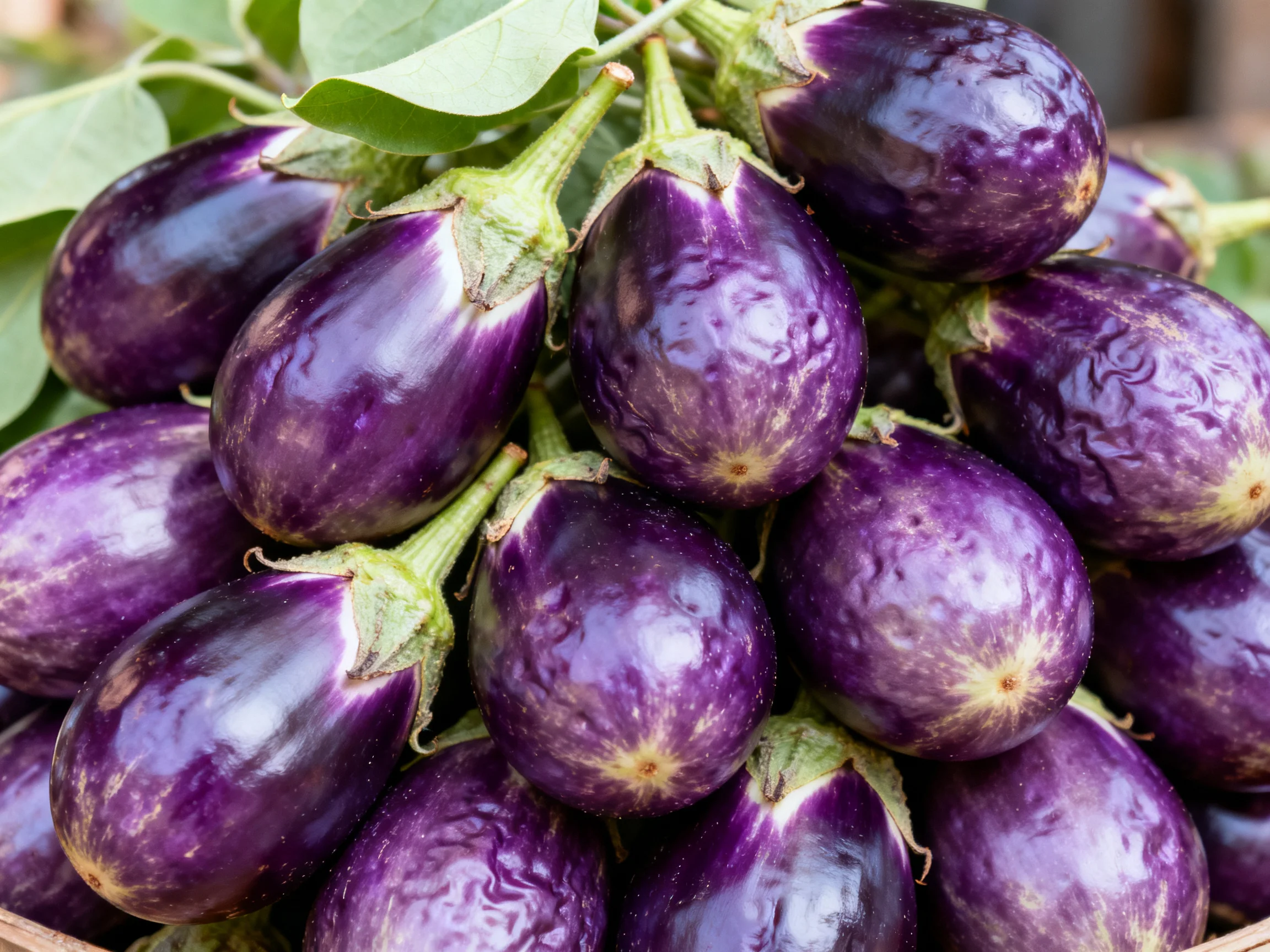 A dense cluster of vibrant purple eggplants with green stems