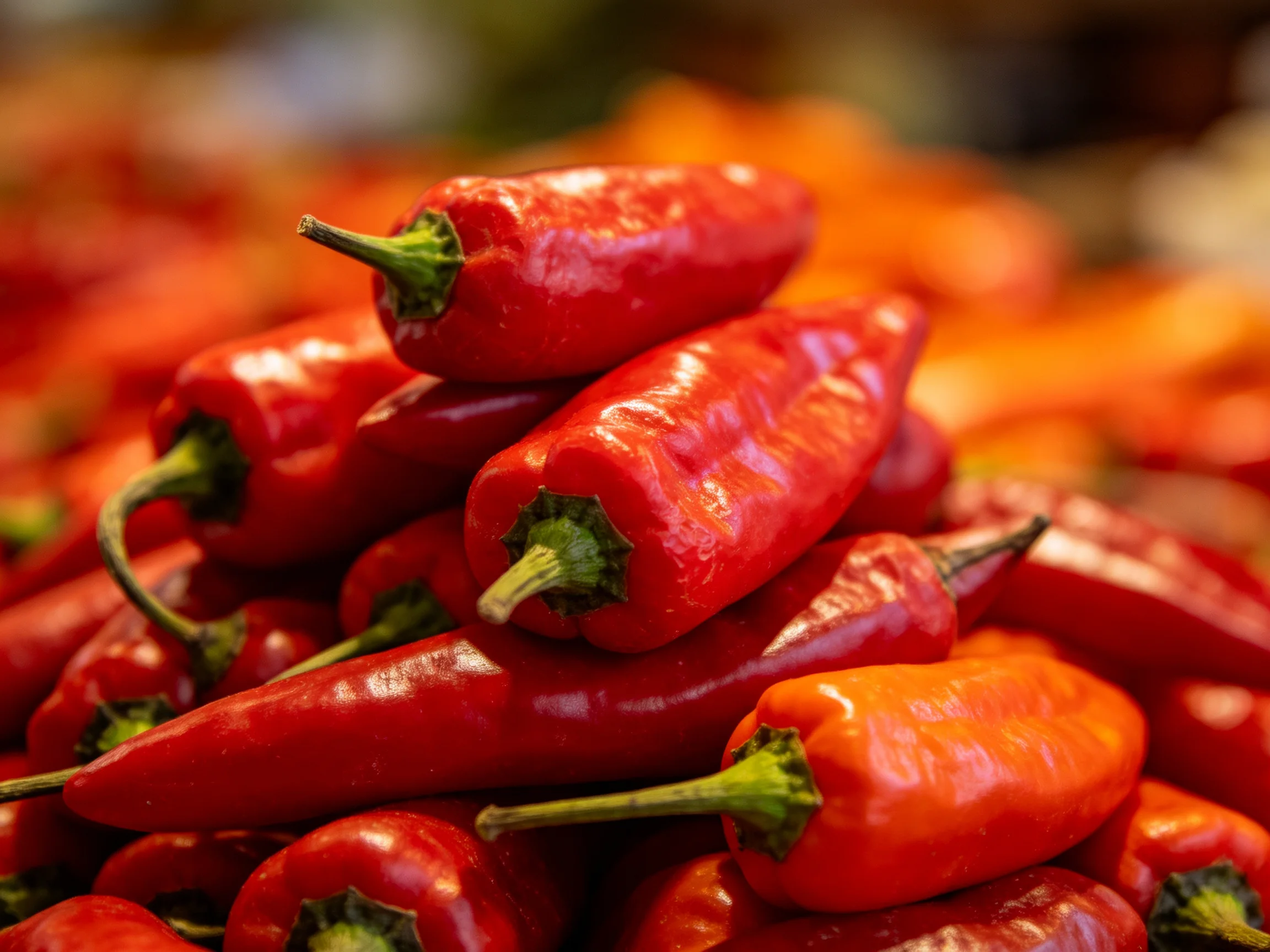 A dense pile of glossy red chili peppers with green stems