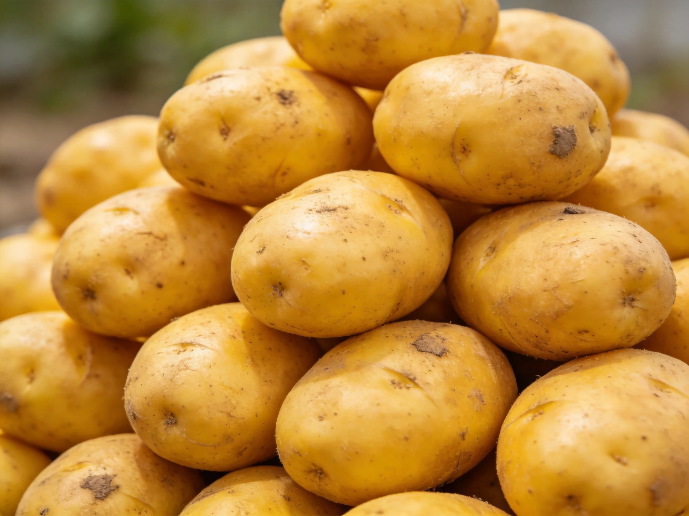 A dense pile of golden-yellow potatoes stacked abundantly