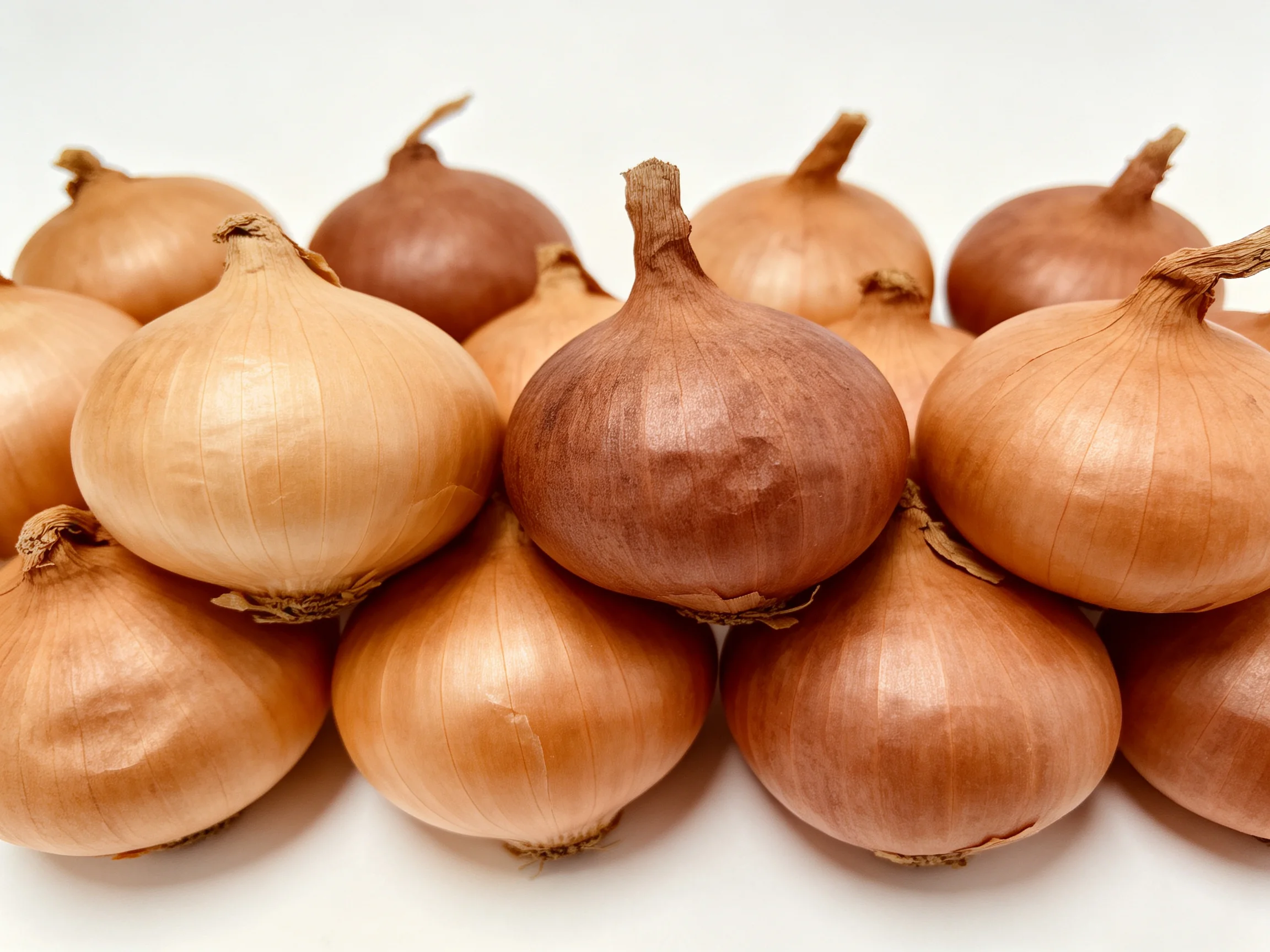 A diverse assortment of brown and beige onions clustered in rows