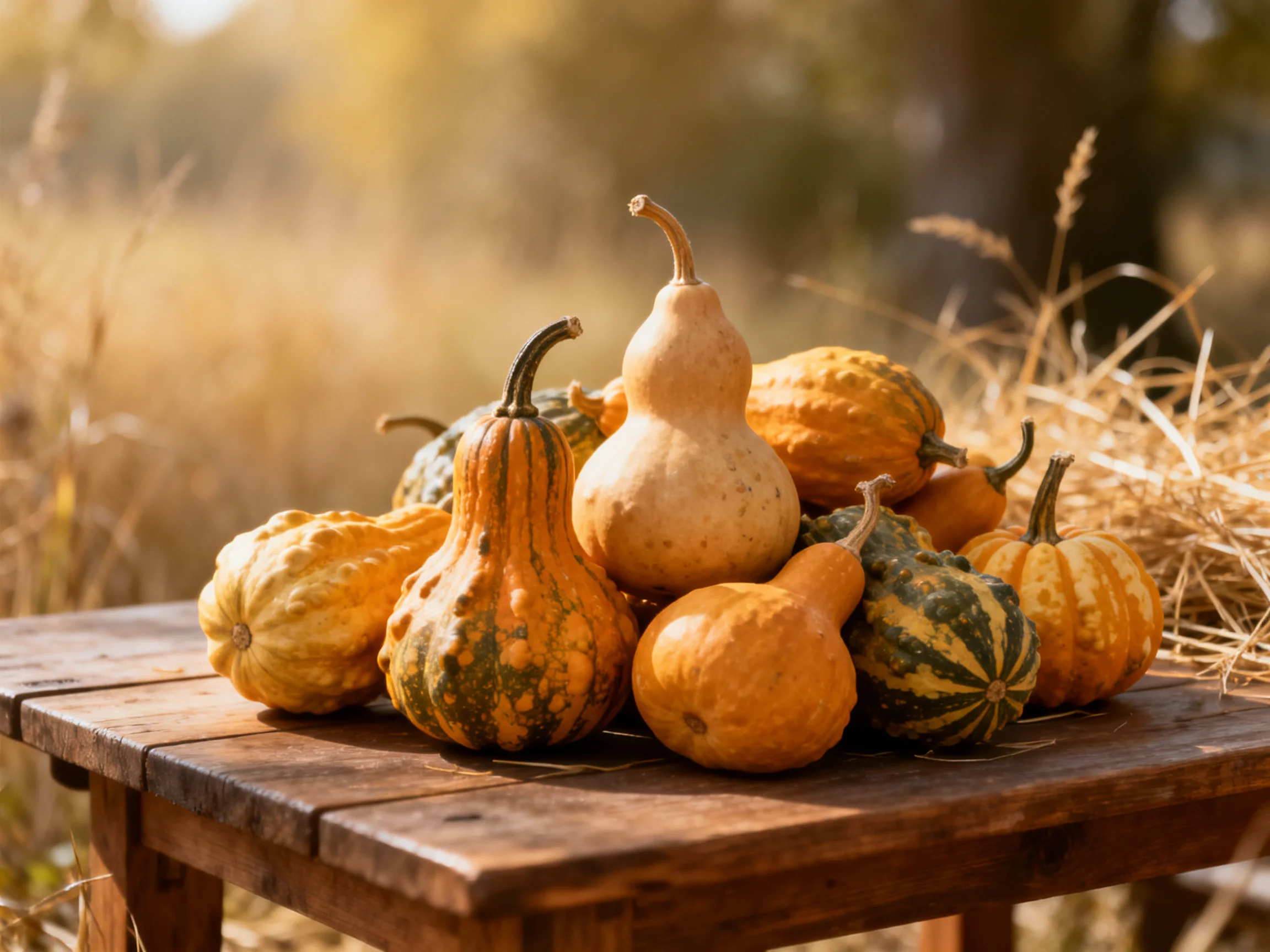 A diverse assortment of gourds and small pumpkins in earthy tones on a wooden table