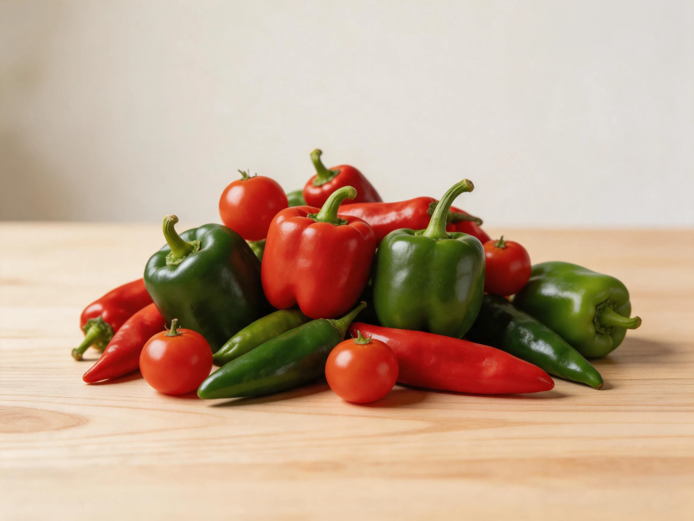 A diverse mix of bell peppers, tomatoes, and chilies on a wooden surface