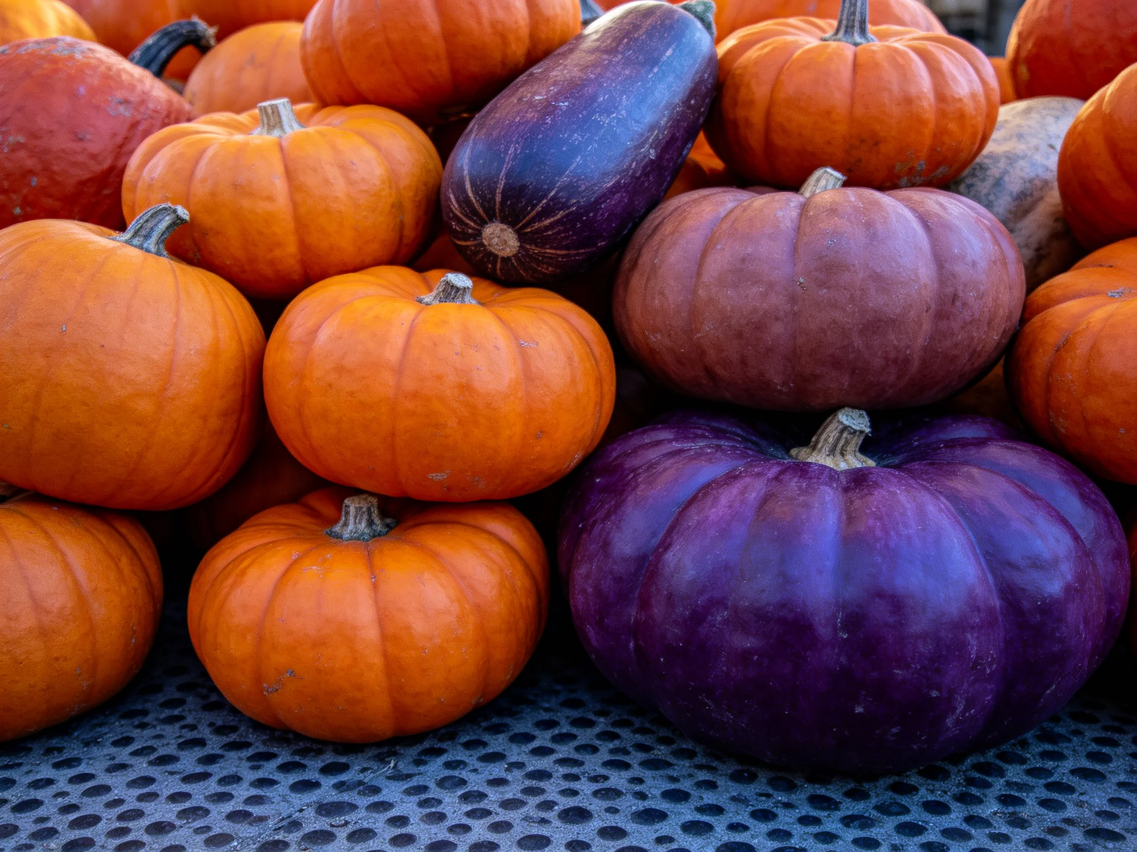 A diverse stack of orange, purple, and brown pumpkins arranged closely