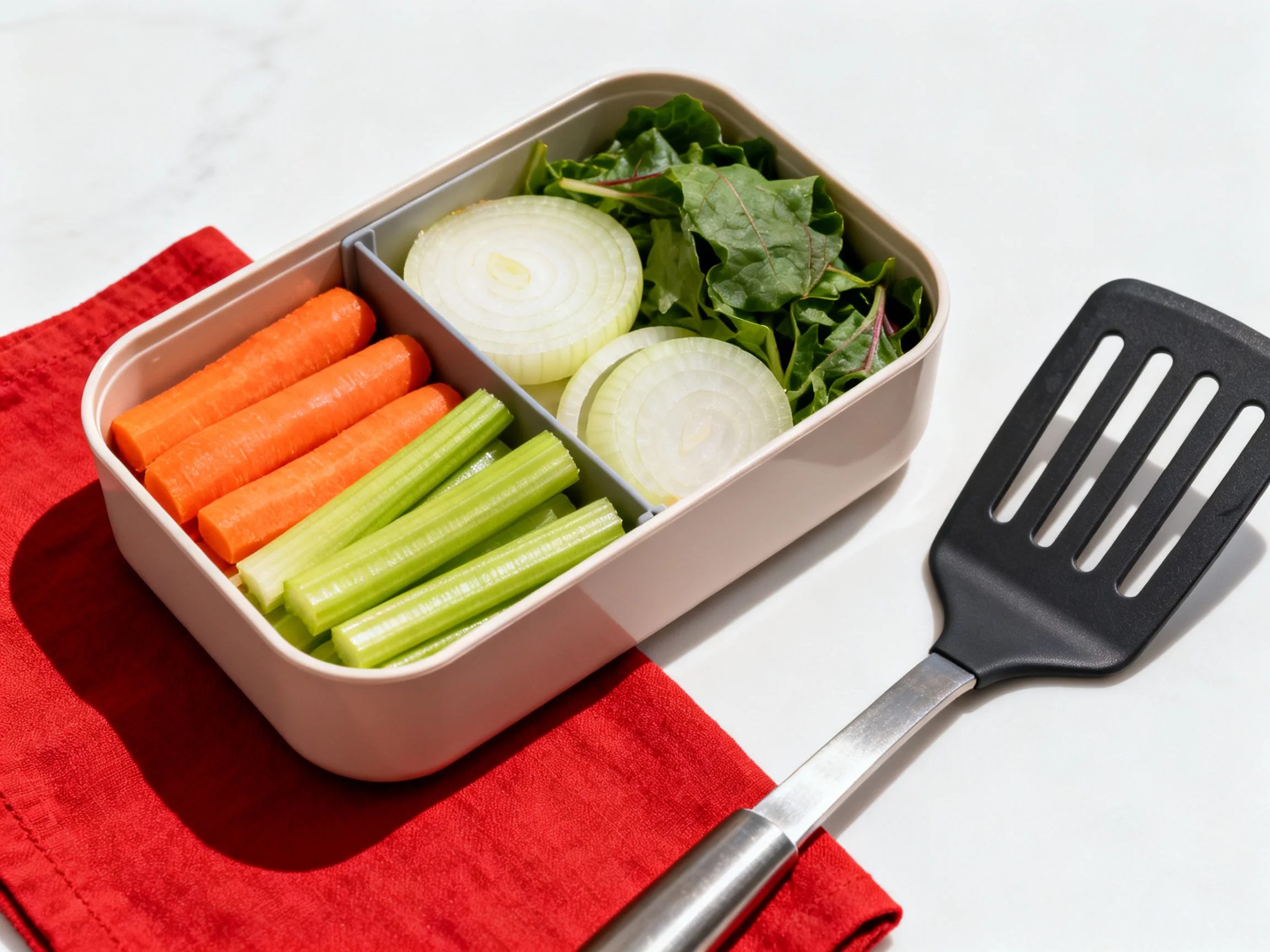 A divided container holds carrot sticks, celery stalks, onion slices, and leafy greens; a black spatu