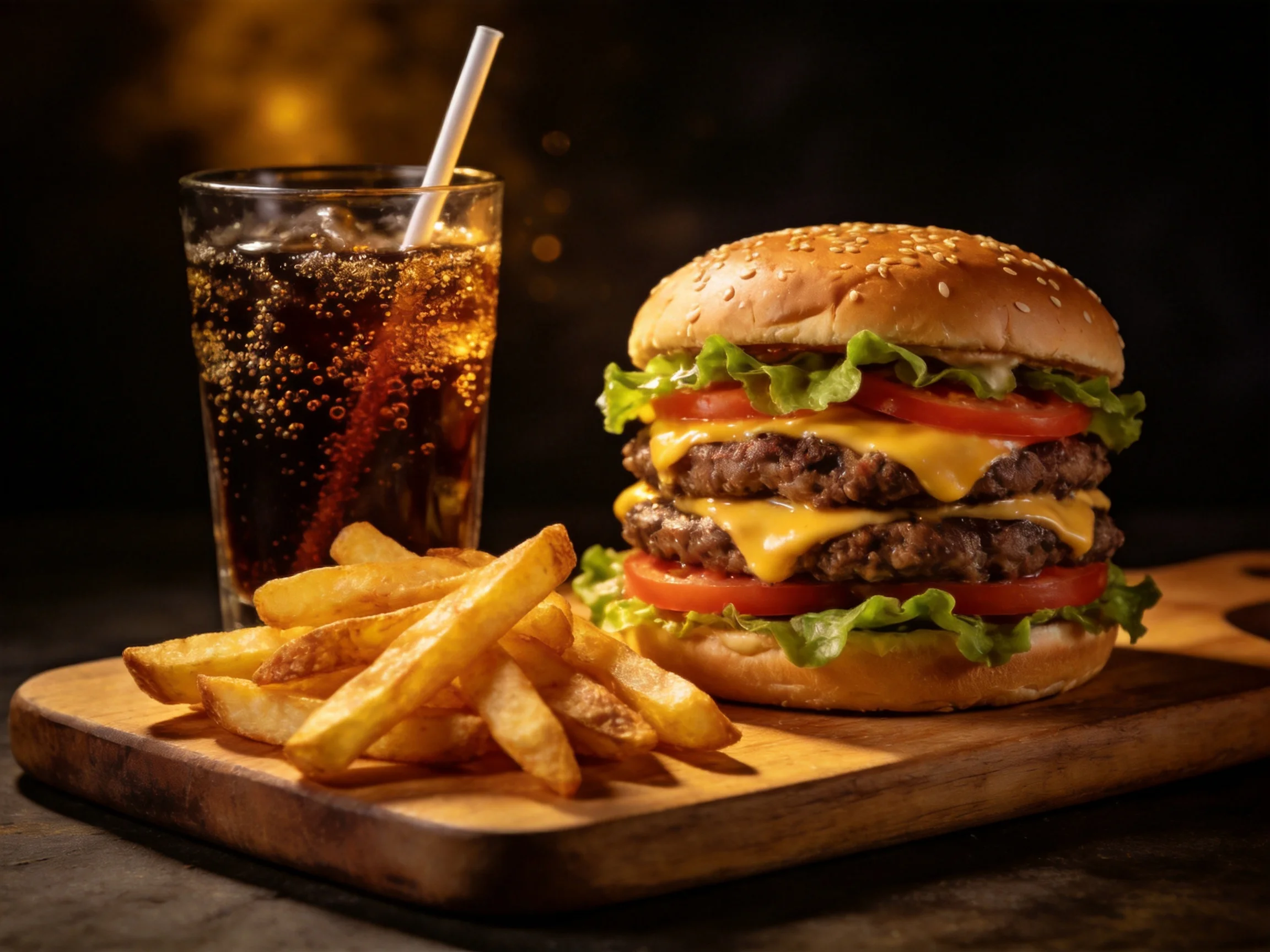 A double cheeseburger, crispy fries, and a cola drink on a wooden platter