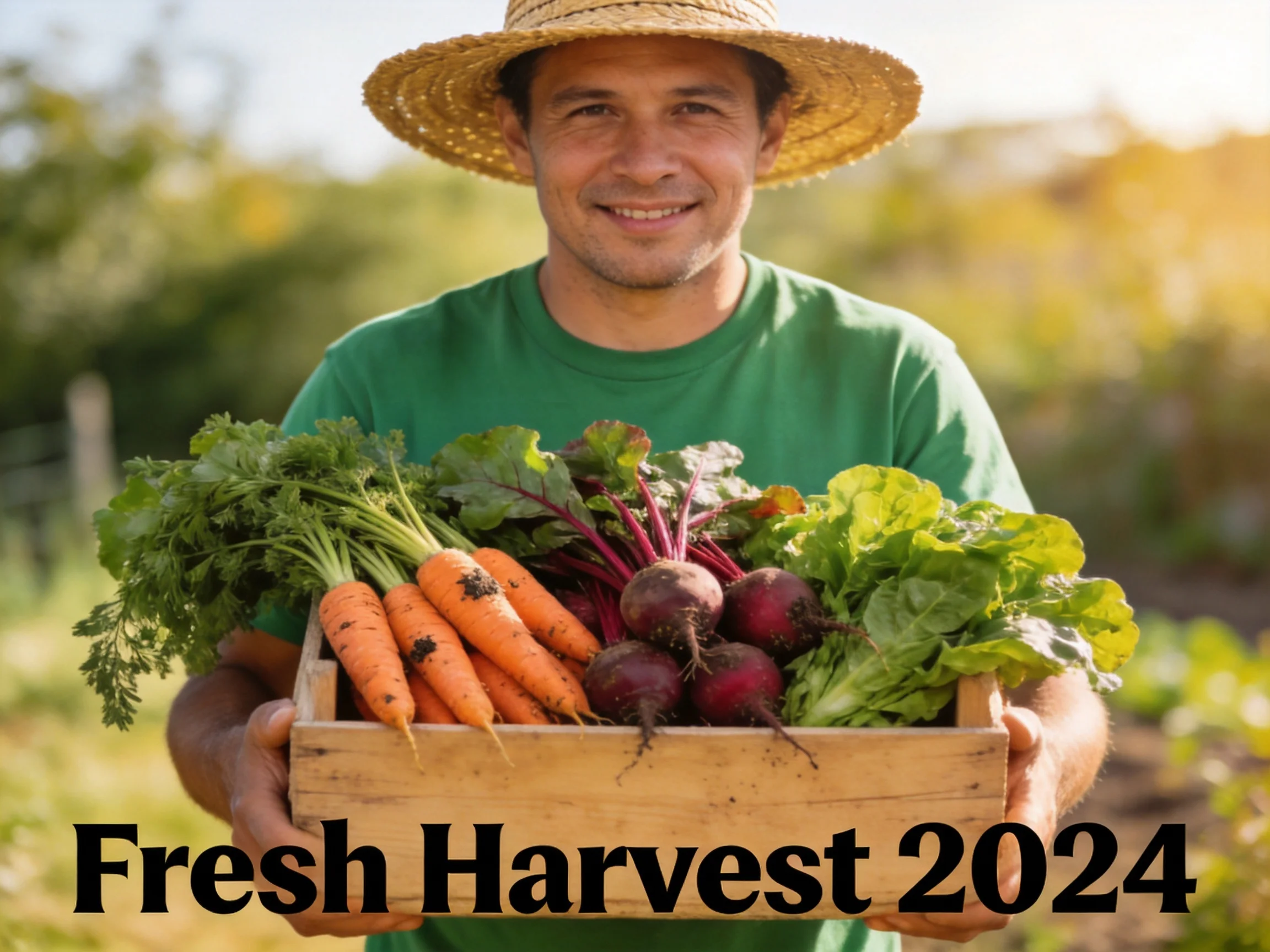 A farmer carries a wooden crate filled with fresh carrots, beets, and leafy greens