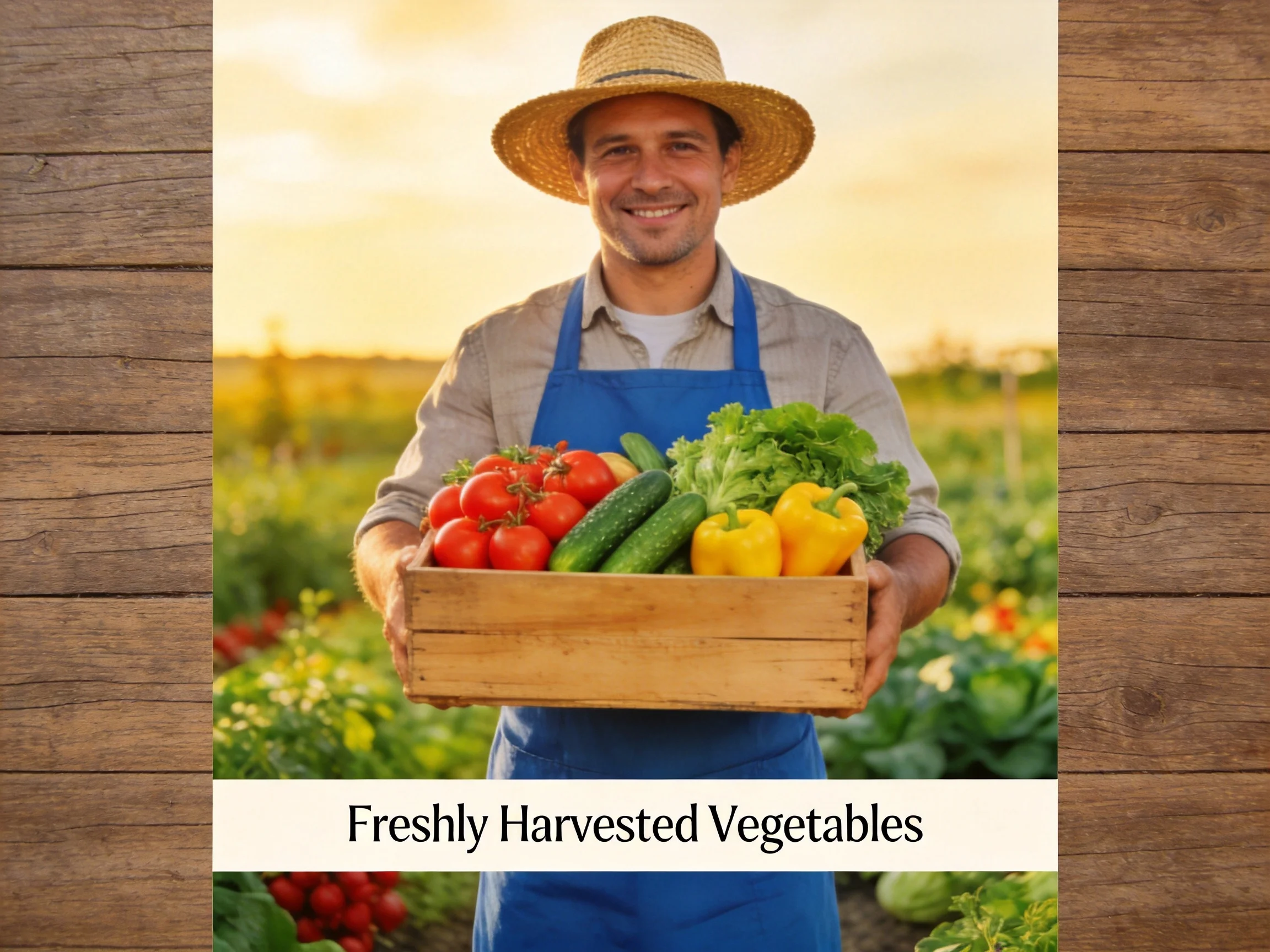 A farmer holding a crate of freshly harvested colorful vegetables in a sunlit field