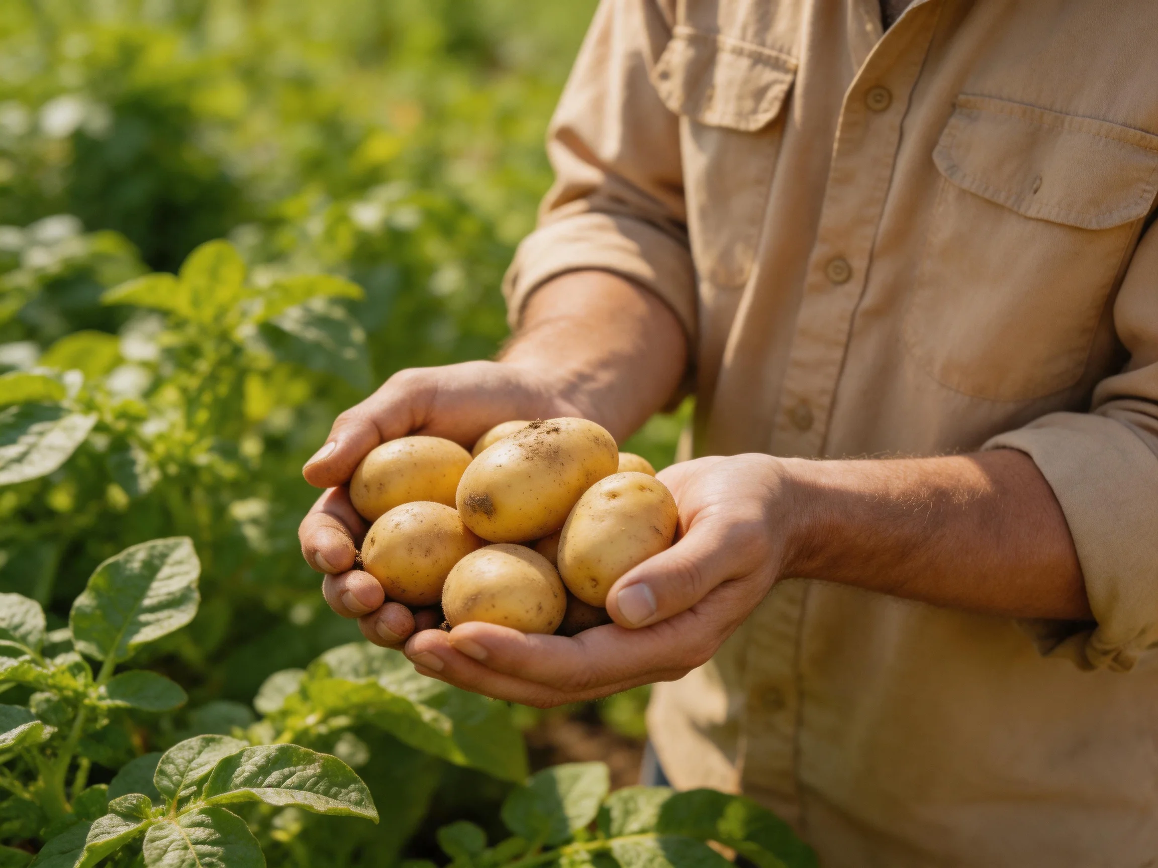 A farmer holding yellow potatoes amid lush green vegetation