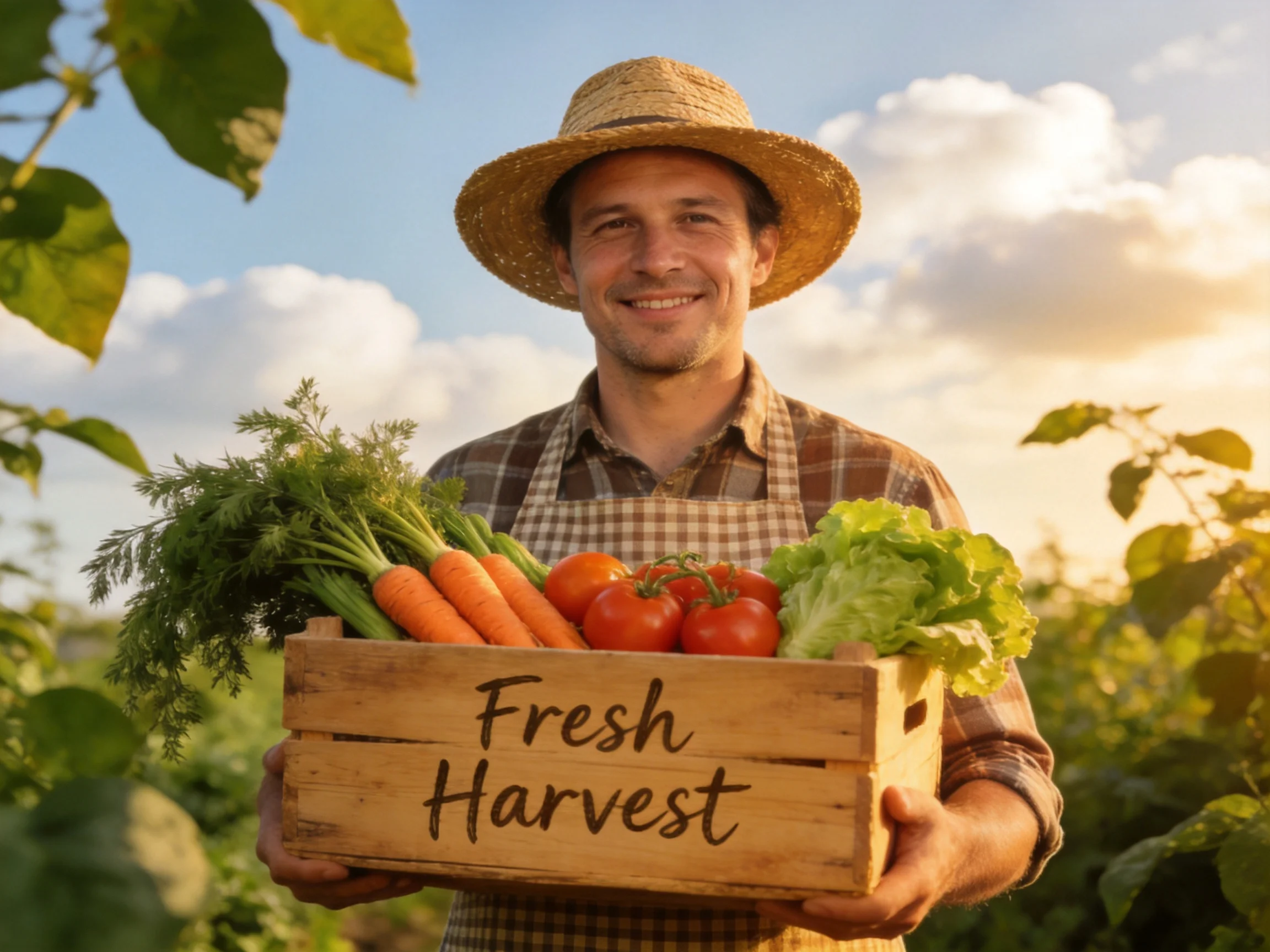 A farmer holds a wooden crate of fresh vegetables in a sunny agricultural field