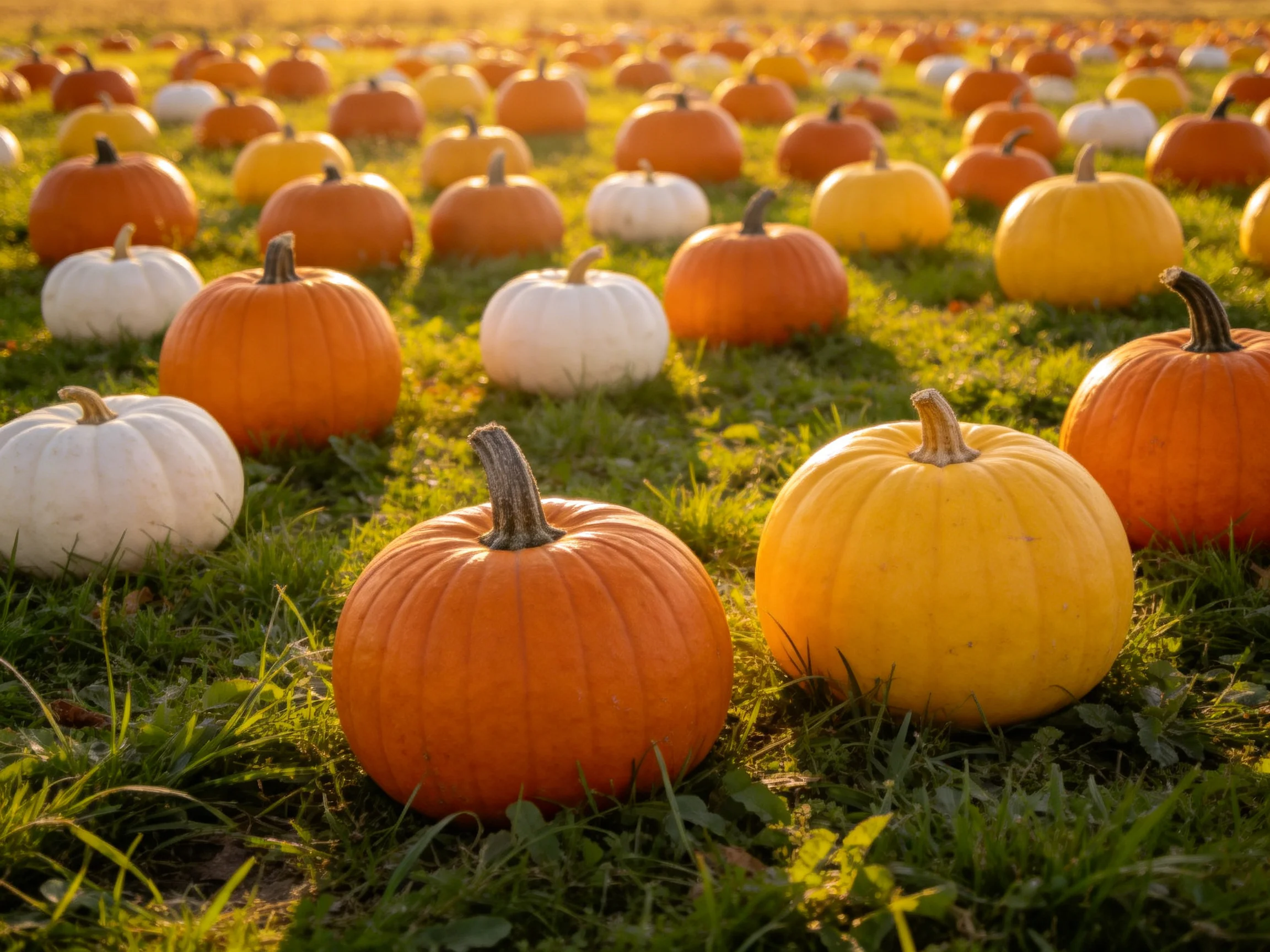 A field of multicolored pumpkins in orange, yellow, and white on green grass