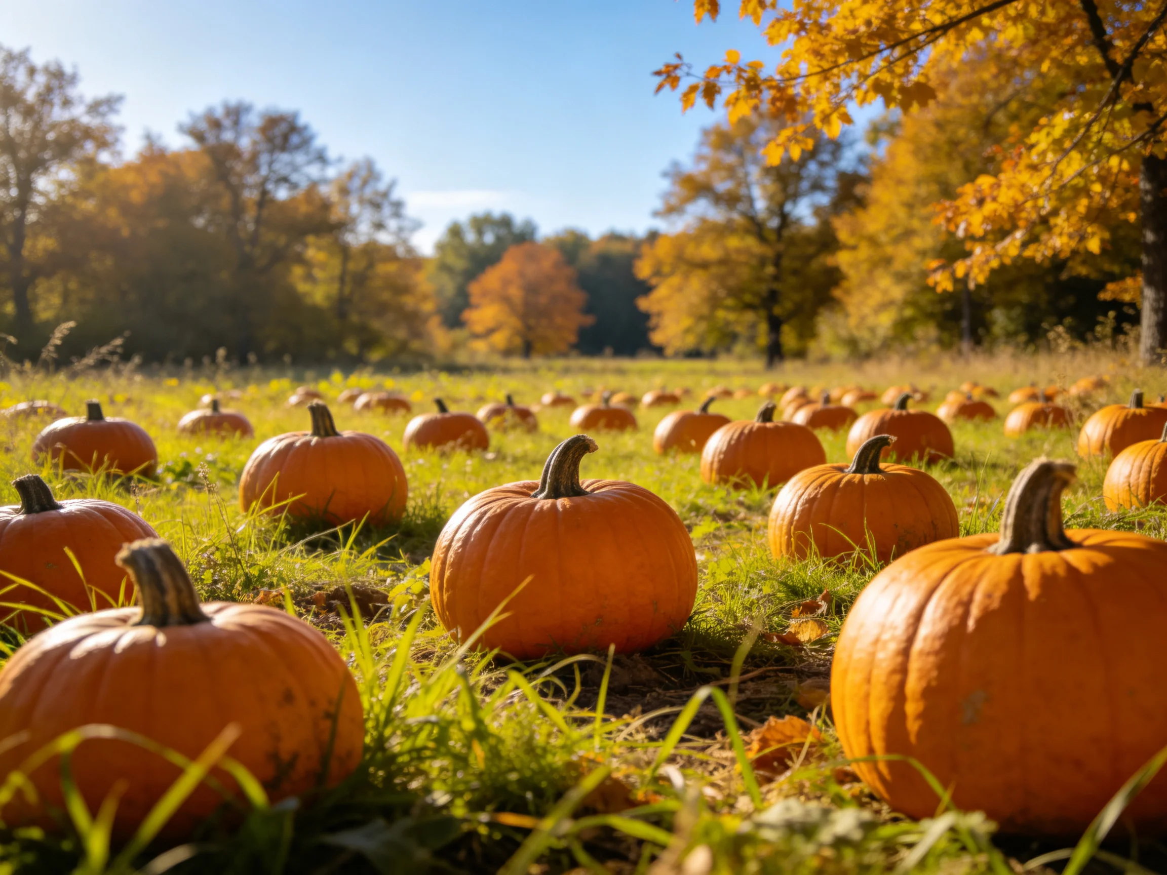 A field of numerous orange pumpkins amid golden fall foliage